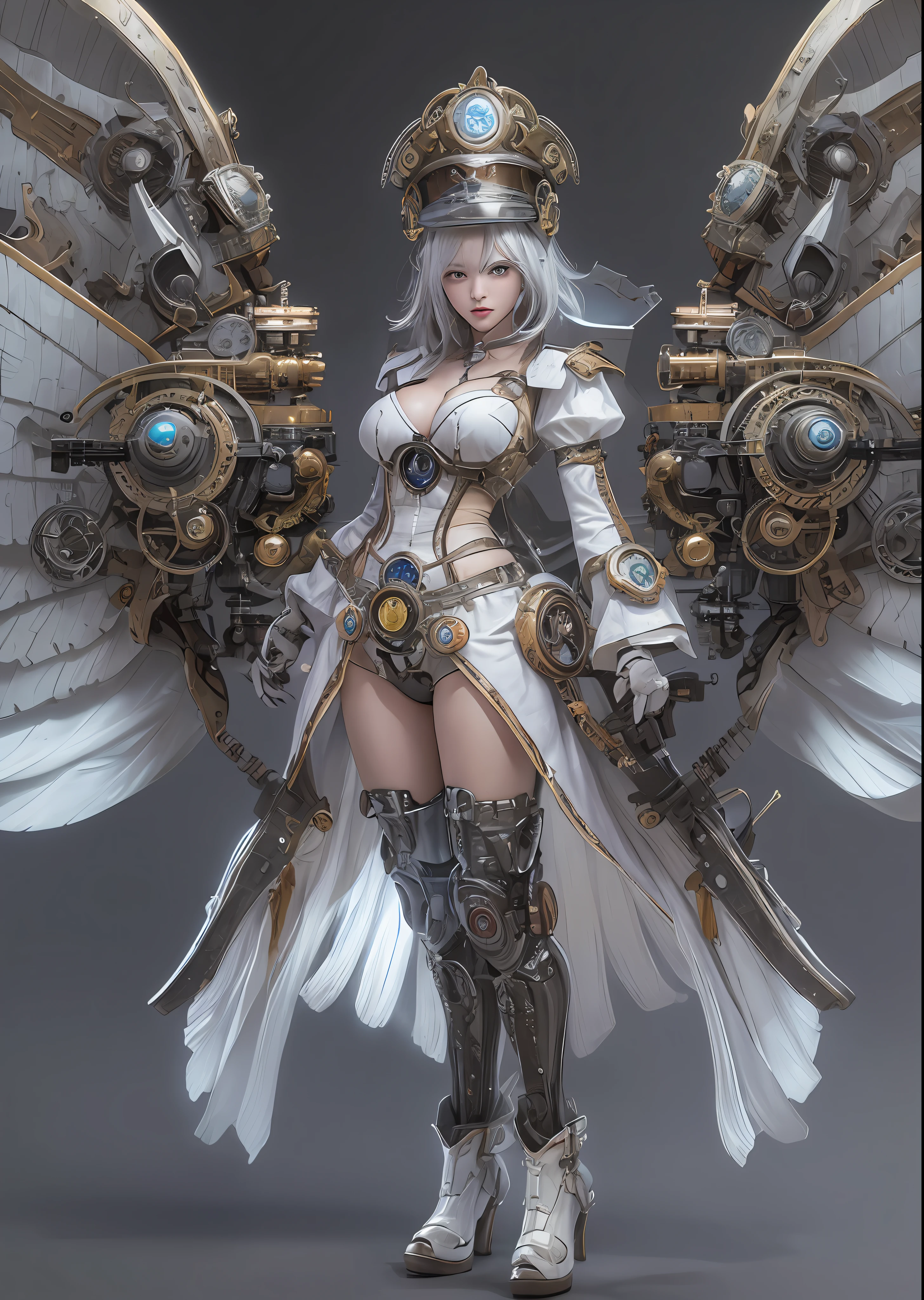 top-quality、masterpiece、超A high resolution、(Photorealsitic:1.4)、Raw photo、Steampunk Battle Cyborg Angel、large wings made of metal、White porcelain body、Acrylic Clear Cover、white hair、glowy skin、1 steampunk cyborg girl、((super realistic details))、portlate、globalillumination、Shadow、octan render、8K、ultrasharp、character edge light,Colossal tits、Raw skin is exposed in cleavage、Details of complex ornaments、Details of the steam engine、Hydraulic cylinder、Small LED lamp、highly intricate detail、Realistic light、a purple eye、radiant eyes、Facing the camera、neon details、cowboy shot、Futuristic headgear、About steampunk、、