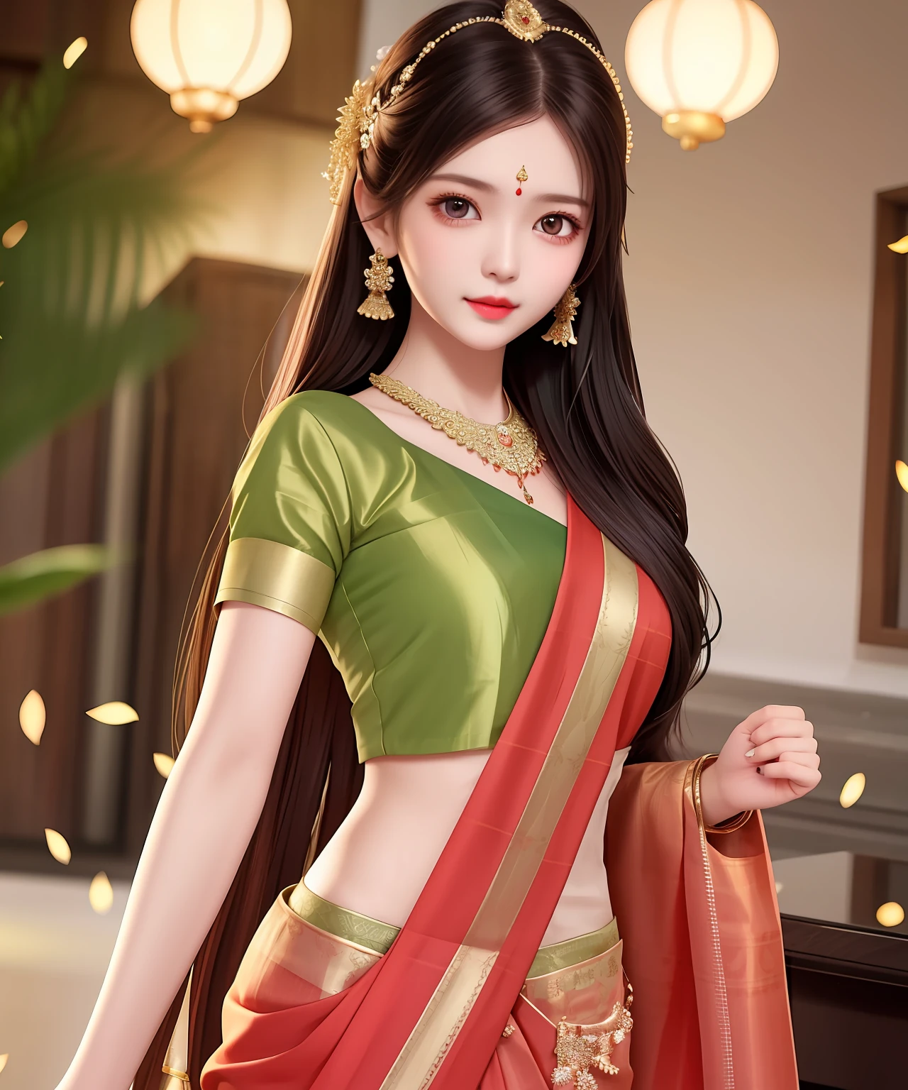 A girl, beautiful in appearance, long hair, wearing saree, fair complexion,