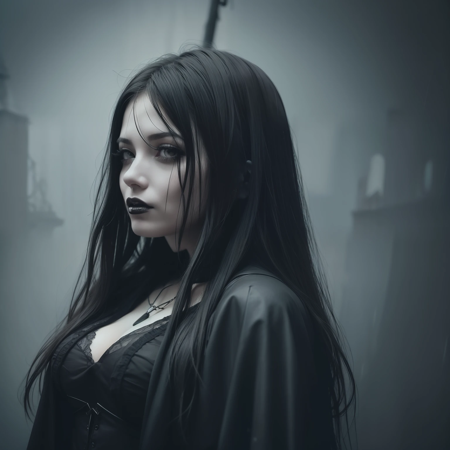 a close up of a person holding a pole in the rain, darkwave goth aesthetic, silent hill aesthetic, ominous gothic aesthetic, gothic horror vibes, gothic fog ambience, eerie spiritual grainy, gothic city streets behind her, classical witch, dark witch, gothic aesthetic, the witch queen, atmosphere of silent hill, witch, beautiful with eerie vibes, occult aesthetic