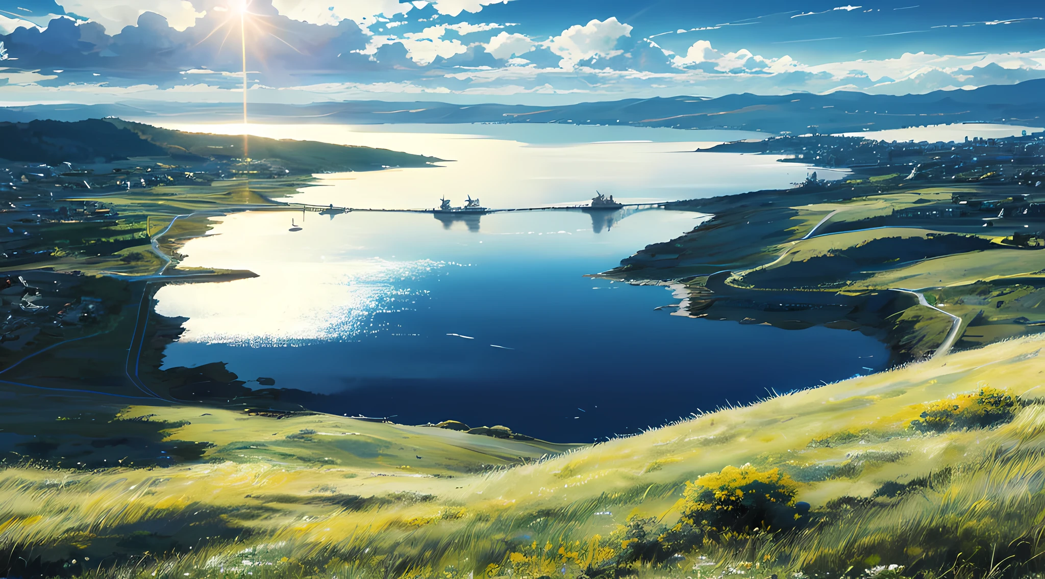 (vast sky + large grassland), beautiful skyline, [highlight filter: 1.2 + soft light filter: 0.8 + contrast optimization: 0.9 + high saturation: 1.1], shooting angle dynamic, starry sky, vast water, harbor in the distance.