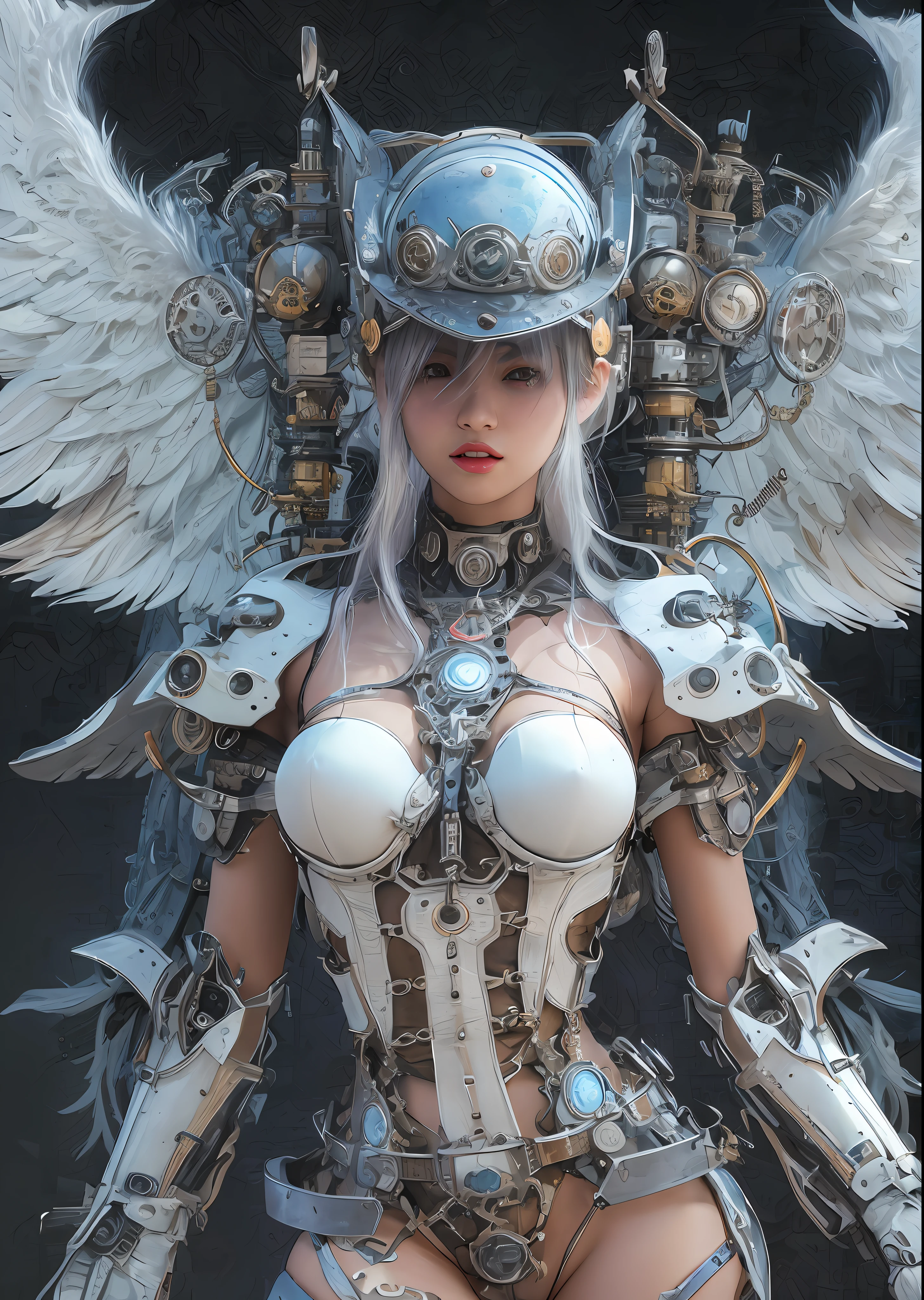 top-quality、​masterpiece、超A high resolution、(Photorealsitic:1.4)、Raw photo、Steampunk Battle Cyborg Angel、large wings made of metal、White porcelain body、Acrylic Clear Cover、white  hair、glowy skin、1 steampunk cyborg girl、((super realistic details))、portlate、globalillumination、Shadow、octan render、8K、ultrasharp、character edge light,Colossal tits、Raw skin is exposed in cleavage、Details of complex ornaments、Details of the steam engine、Hydraulic cylinder、Small LED lamp、highly intricate detail、Realistic light、a purple eye、radiant eyes、Facing the camera、neon details、cowboy  shot、Futuristic headgear、About steampunk、、