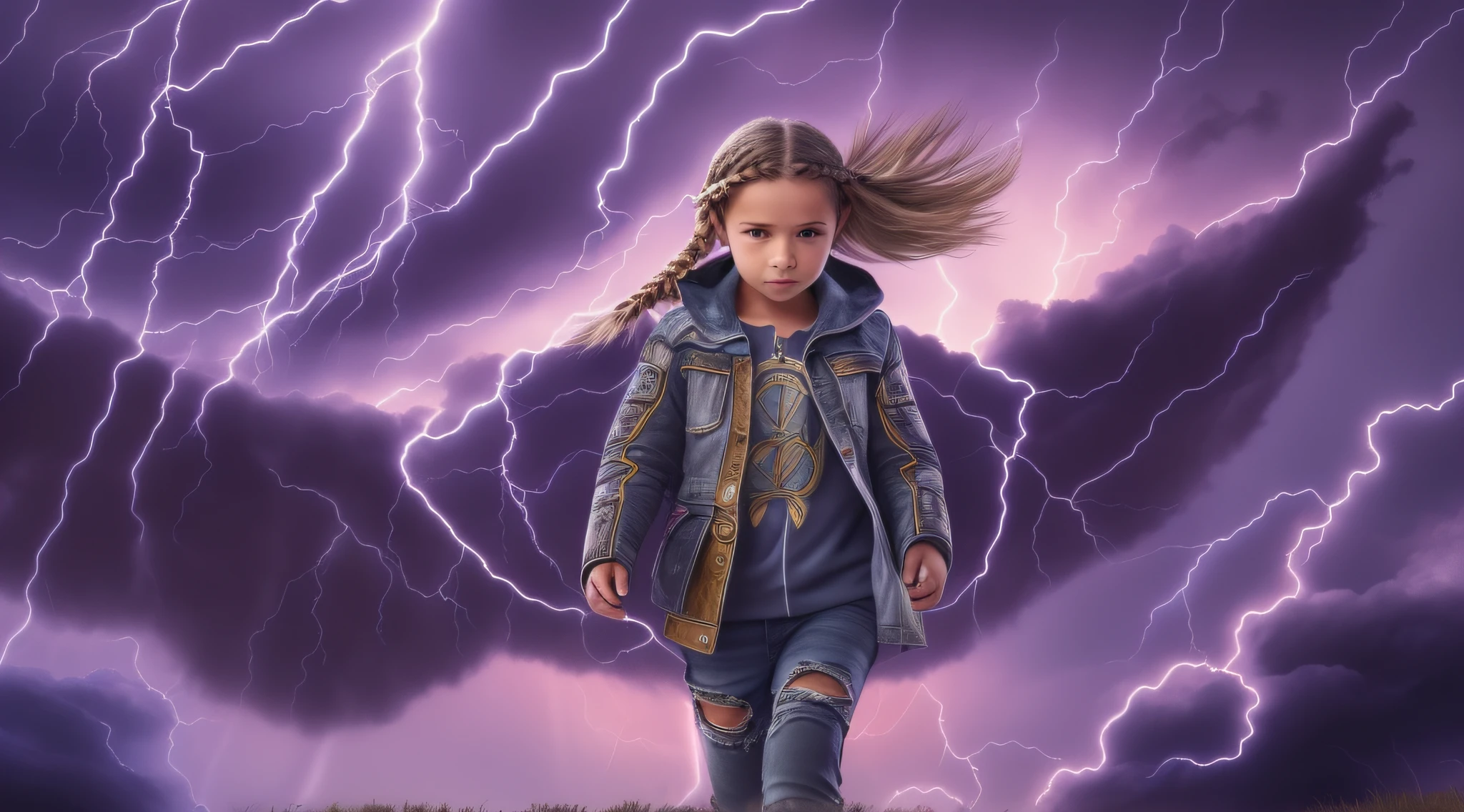 Girl 10 yesian ruivas in braids, com roupa de jaqueta de couro green, fundo storm, ride into the storm, thunderbolt.
