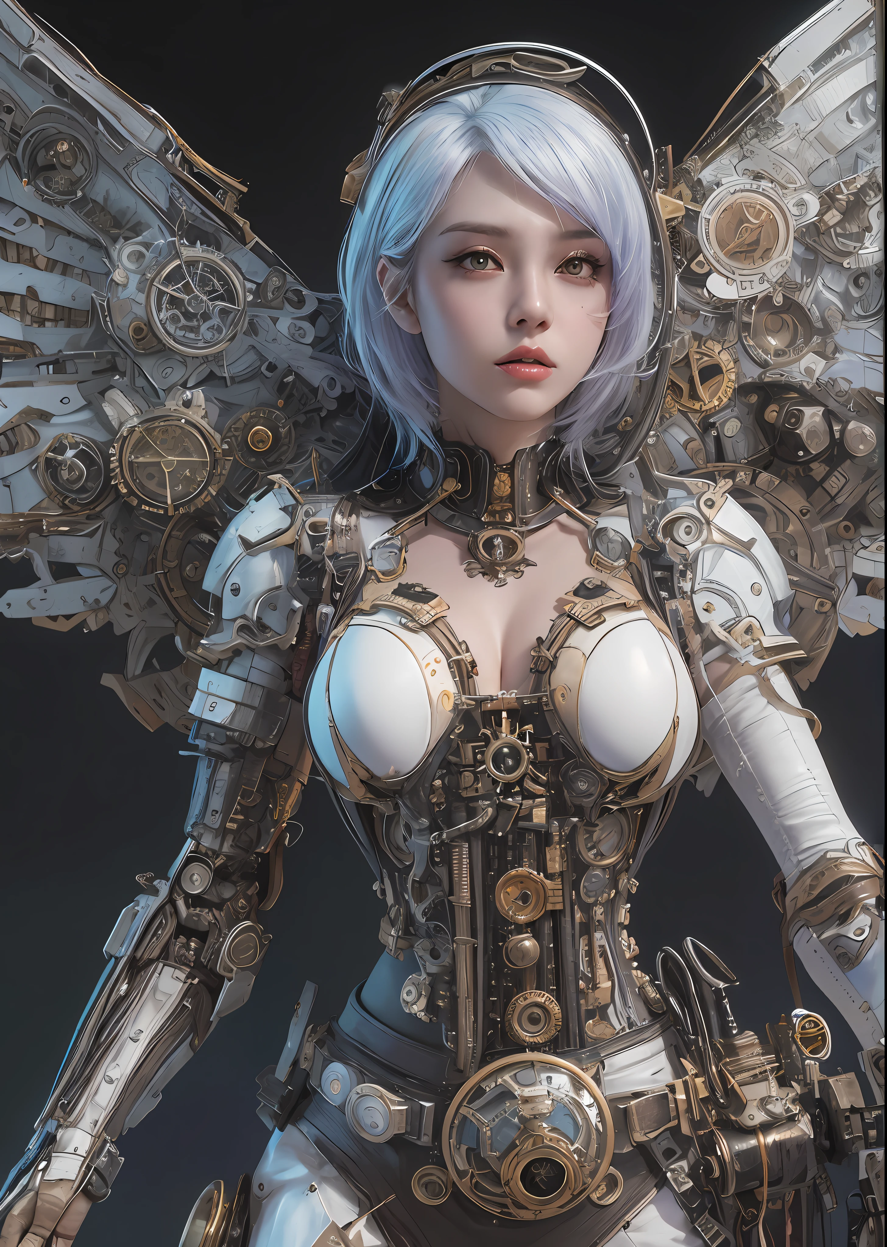 top-quality、masterpiece、超A high resolution、(Photorealsitic:1.4)、Raw photo、Steampunk Battle Cyborg Angel、large wings made of metal、White porcelain body、Acrylic Clear Cover、white hair、glowy skin、1 steampunk cyborg girl、((super realistic details))、portlate、globalillumination、Shadow、octan render、8K、ultrasharp、character edge light,Colossal tits、Raw skin is exposed in cleavage、Details of complex ornaments、Details of the steam engine、Hydraulic cylinder、Small LED lamp、highly intricate detail、Realistic light、a purple eye、radiant eyes、Facing the camera、neon details、cowboy shot、Futuristic headgear、About steampunk、、