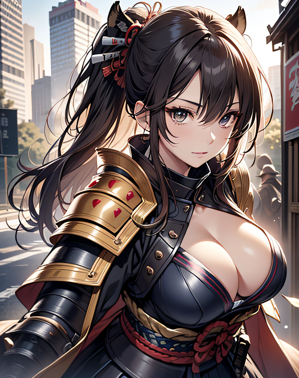 photo realistic, anime style, (8k, RAW photo, best quality, masterpiece:1.2), High detail RAW color photo, professional photograph, cowboy shot, (realistic, photo realistic:1.37),cinematic light, (finery detailed face:1.2), cowboy shot, thigh 1 girl, 18-28 years old, very cute, very beautiful, photo realistic, event companion, BREAK, white skin, real human skin, (detailed face), oval face, pores, ultra high res, BREAK, slim, (medium-large-breast:1.37, cleavage:1.37), (looking straight at viewer with a serene and goddess-like happiness:1.2), (lifter gloss, eyelashes, gloss-face, best quality, ultra highres, Broad lighting, natural shading), (beautiful thin long hair, pony-tail:1.3, brown hair), dynamic pose, fighting stance, BREAK, 1 woman, elegant beauty, radiant skin, (Maeda Keiji costume:1.3), (warring-states-era:1.4), solo, (eccentric-fashion:1.2), (tiger-pattern-accent:1.3) (samurai-armor:1.5), detailed traditional clothing, (style-sengoku:1.3), detailed face expression, (style-dynamic:0.8), standing pose, holding katana, determined expression, (background: battlefield), (style-battle-ready:0.9), historical atmosphere, armor details, detailed background, (style-wafuku:0.9), powerful aura,