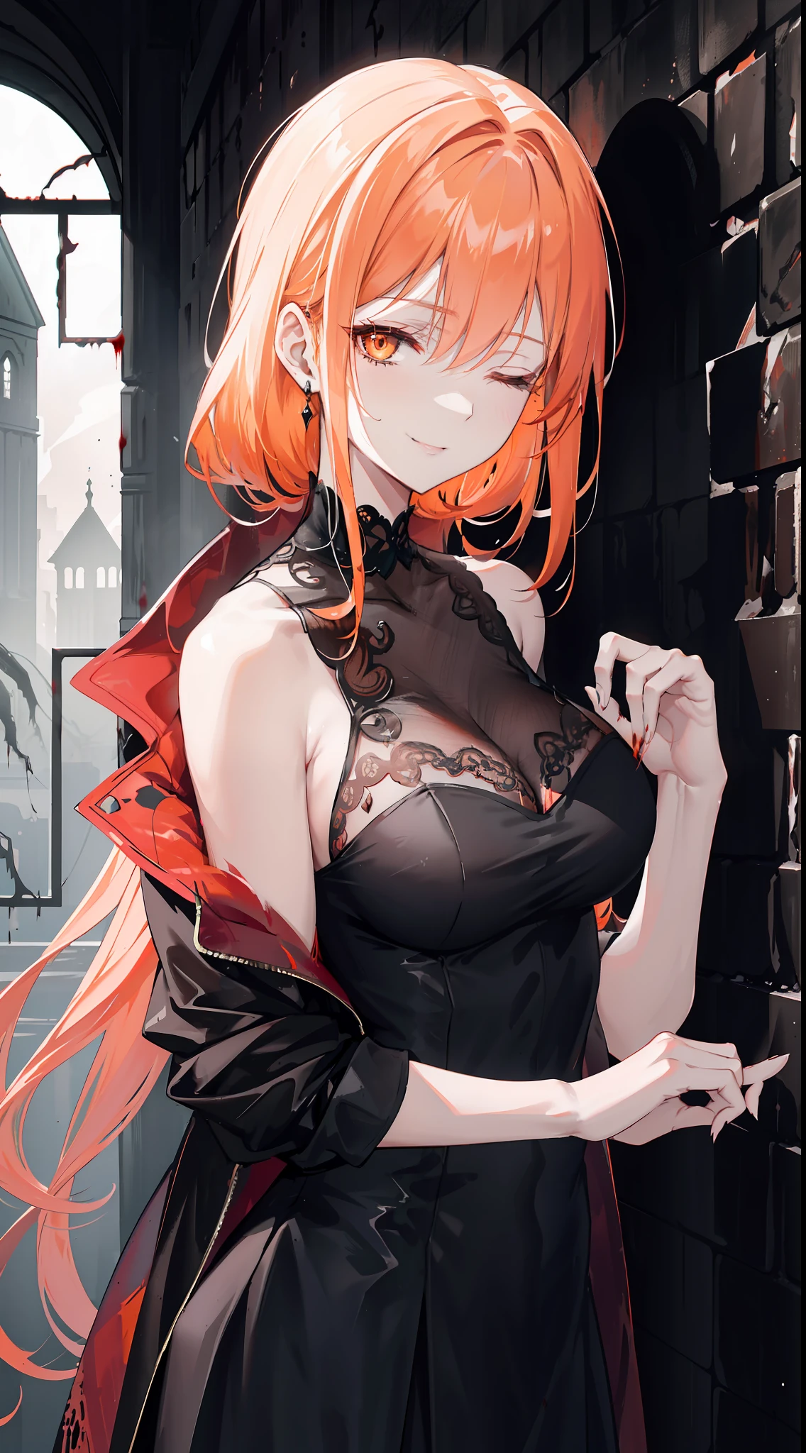 4k, dark and mysterious ruin with no trace of light, a mature woman lies weakly amidst the shadows. Her radiant orange hair cascades around her, and a pair of delicate cat ears adorns her head. With eyes closed, she exudes an air of tranquility. Despite the blood-drenched black coat she wears, her warm smile remains unwavering.