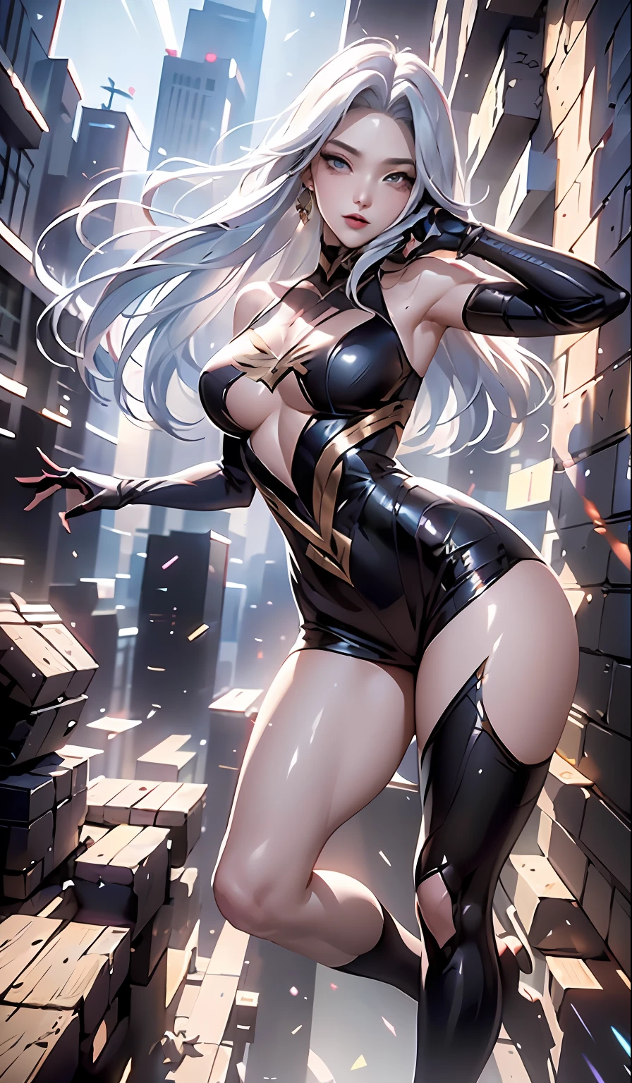 （tmasterpiece，4K分辨率，Ultra photo realsisim，The is very detailed），（White superhero theme，Glamorous，there's a girl on top of town，wearing Spider-Man costume，Oversized breasts，she is a superhero），[（（25 age old），（Long gray hair：1.2），full bodyesbian，（eBlue eyes：1.2），（（Spider-Man pose），Show power，jump from one building to another），（（sandy urban environment）：0.8）|（view over city，the night，dynamic lights），（moon full））] # illustrated：The Prompt mainly describes a 4K painting of ultra-high definition，Very realistic，The is very detailed。It showcases superheroines at the top of the city，wearing Spider-Man costume。The subject in the painting is a white superhero theme，The heroine has long white hair，He is 25 years old，The entire figure is shown in the painting。In terms of depicting the actions of superheroines，Spiders were used
