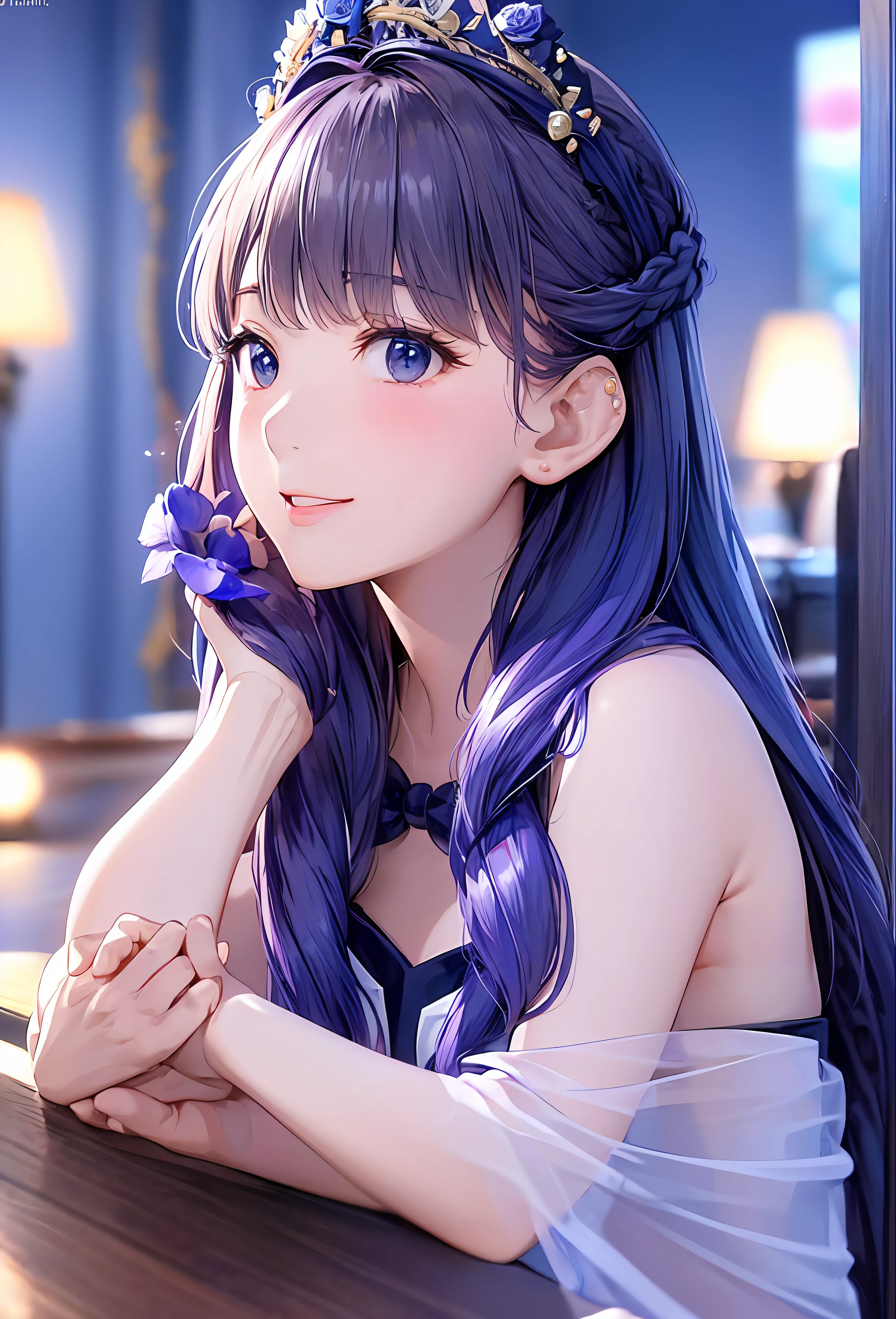 (8k、top-quality、masterpiece:1.2)、(realisitic、Photorealsitic:1.37)、ultra-detailliert、女の子 1 人、cute little、独奏、mid night、Beautiful detailed sky、Detailed Cafe、sitting on、date、(Nasal blush)、 (smile:1.15)、(Keep your mouth shut)small tits、Beautiful fine eyes、Floating Hair NovaFrogStyle、Dress with open back、Blue Rose Accessories、Blue rose background、Pink dress