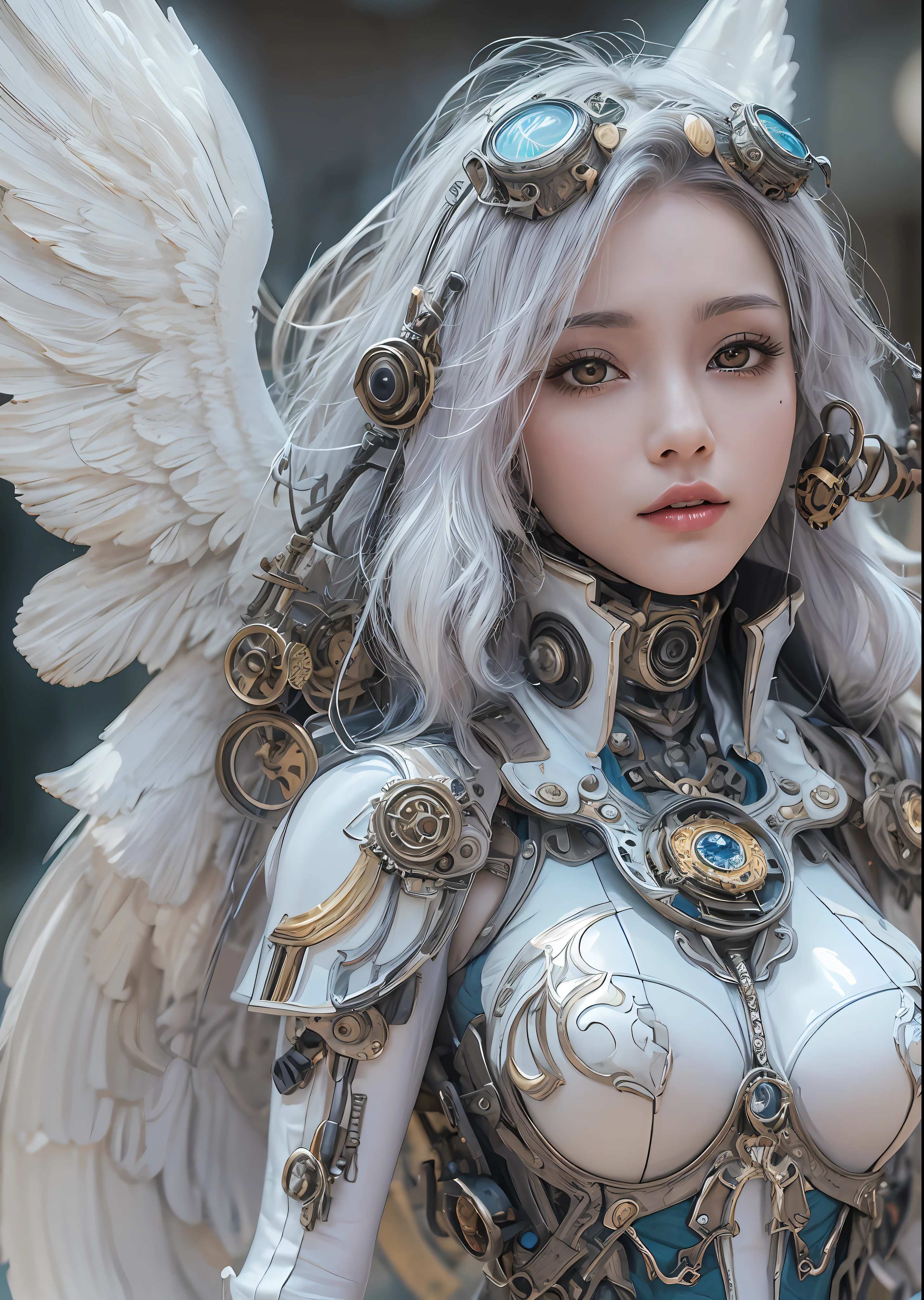 top-quality、masterpiece、超A high resolution、(Photorealsitic:1.4)、Raw photo、Steampunk Battle Cyborg Angel、large wings made of metal、White porcelain body、Acrylic Clear Cover、white hair、glowy skin、1 steampunk cyborg girl、((super realistic details))、portlate、globalillumination、Shadow、octan render、8K、ultrasharp、character edge light,Colossal tits、Raw skin is exposed in cleavage、Details of complex ornaments、Details of the steam engine、Hydraulic cylinder、Small LED lamp、highly intricate detail、Realistic light、a purple eye、radiant eyes、Facing the camera、neon details、cowboy shot、Futuristic headgear、About steampunk、、