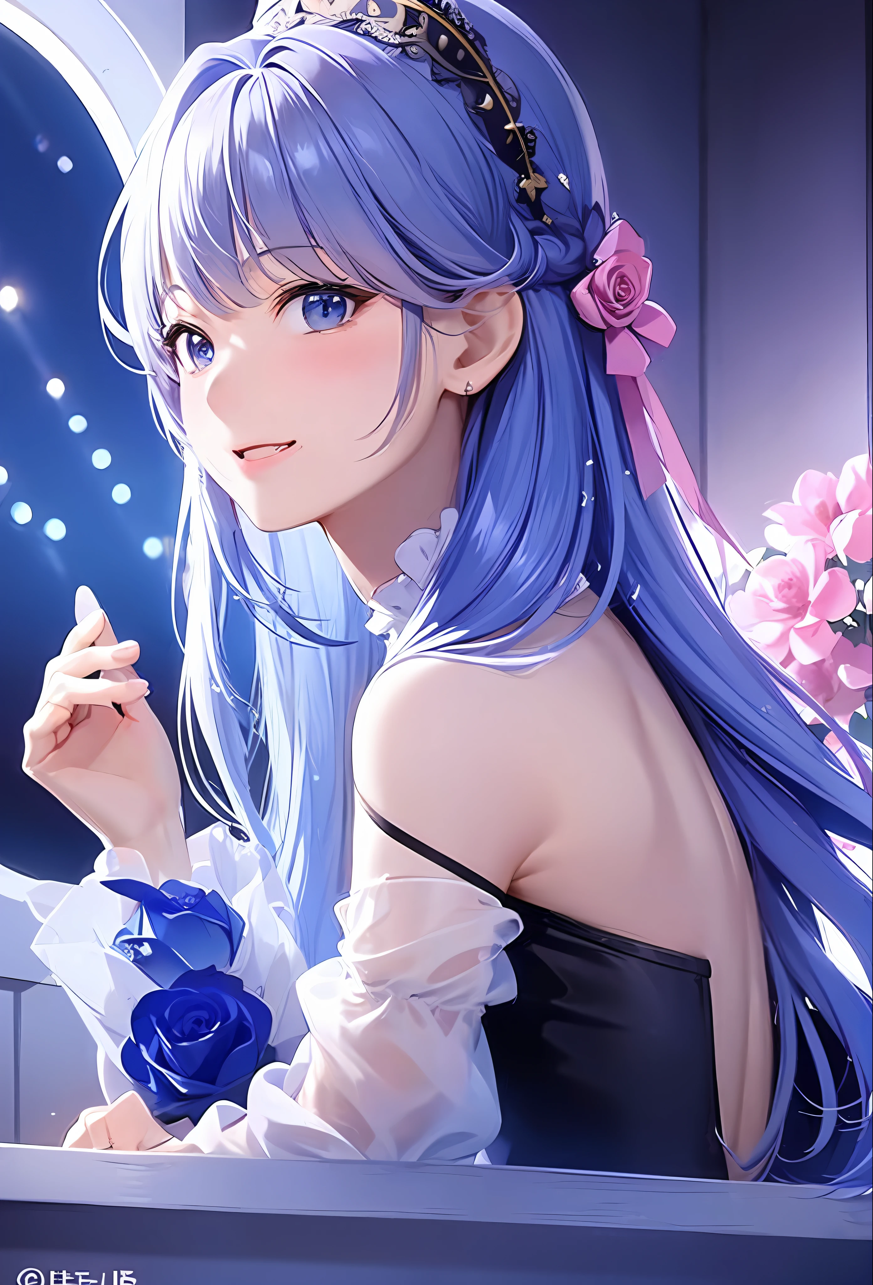 (8k、top-quality、​masterpiece:1.2)、(realisitic、Photorealsitic:1.37)、ultra-detailliert、女の子 1 人、cute little、独奏、mid night、Beautiful detailed sky、Detailed Cafe、sitting on、date、(Nasal blush)、 (smile:1.15)、(Keep your mouth shut)small tits、Beautiful fine eyes、Floating Hair NovaFrogStyle、Dress with open back、Blue Rose Accessories、Blue rose background、Pink dress