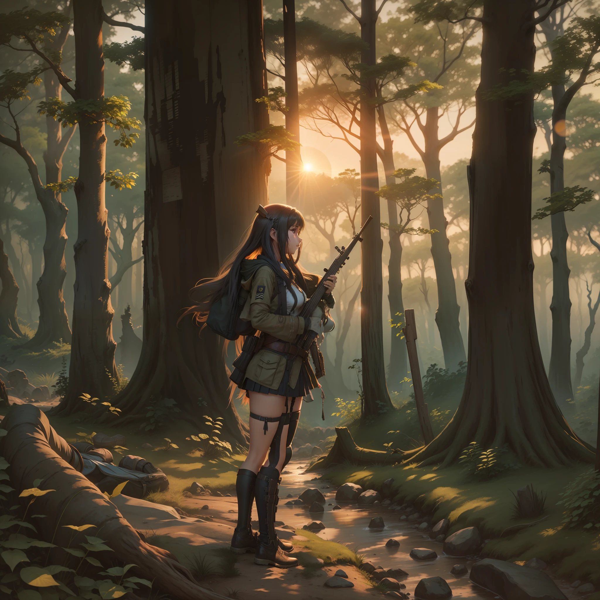 teens girl,army,eventide,rifles,the trees,废墟,Mare,the setting sun,setting sun
