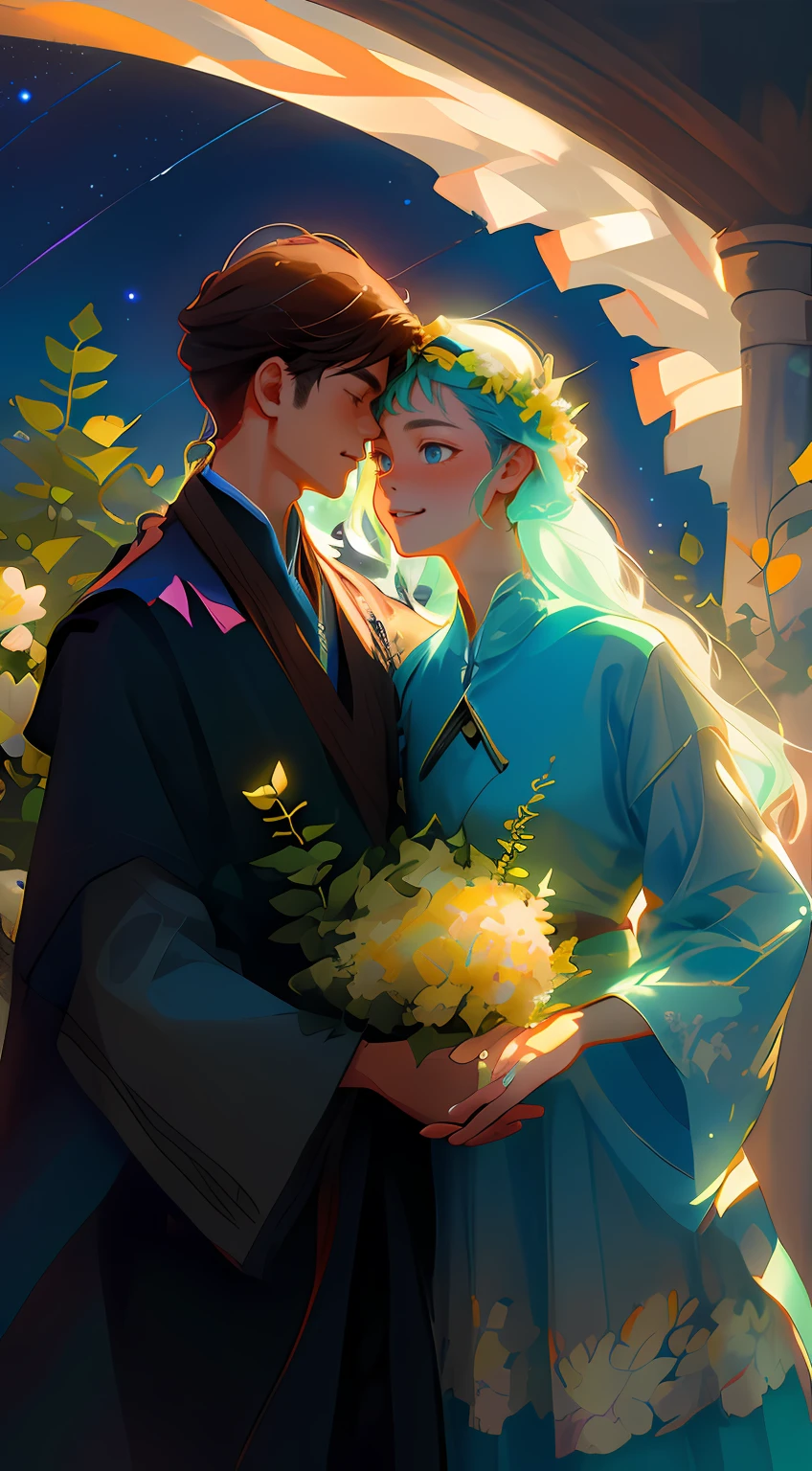 tmasterpiece,  hiquality,  Guy and girl holding hands, Ukrainian symbols, Ukrainian national costumes, Boho style,In transparent,   neon garland, night time, neon lights, romance, happiness, Love,Lovers, holiday, Plants, a starry sky, galaxy, Magic reigns around them, Magic, Flowers, fern, Beautiful sunset, merriment, Floral arrangements,  wreaths of flowers on the head, woods, Flower glade, willow, willow, willow, 8K, Colorful, full color drawing,