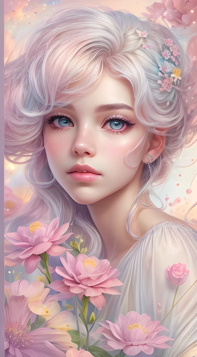 ((masterpiece)). This artwork is dreamy and ethereal, with soft pink watercolor hues. Generate a delicate fairy exploring a bubblegum world with a wide variety of pastel shades. Her sweet face is extremely detailed and realistic with elegant, and looks like ((((Harima Aden)))). Include mature features, and puffy, big lips and stunning, highly realistic eyes. Her eyes are important and should be realistic, highly detailed, and beautiful. In high definition and detail, include lots of details like stars, galaxies, colorful bubbles, colorful petals, and lots of energy and emotion! The stars and colorful bubblegum bubbles are important! Include fantasy details, enhanced details, iridescence, colorful glittering wind, and pollen. Pay special attention to her face and make sure it is beautifully and realistically detailed. The image should be dreamy and ethereal.8k, intricate, elegant, highly detailed, majestic, digital photography