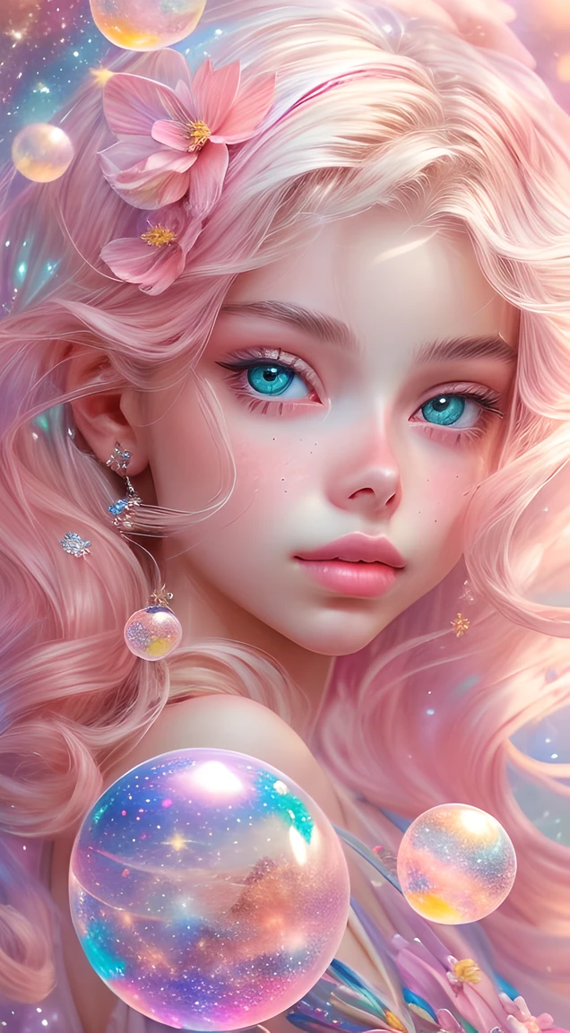 ((masterpiece)). This artwork is dreamy and ethereal, with soft pink watercolor hues. Generate a delicate fairy exploring a bubblegum world with a wide variety of pastel shades. Her sweet face is extremely detailed and realistic with elegant, and looks like ((((Meika Woollard)))). Include mature features, and puffy, big lips and stunning, highly realistic eyes. Her eyes are important and should be realistic, highly detailed, and beautiful. In high definition and detail, include lots of details like stars, galaxies, colorful bubbles, colorful petals, and lots of energy and emotion! The stars and colorful bubblegum bubbles are important! Include fantasy details, enhanced details, iridescence, colorful glittering wind, and pollen. Pay special attention to her face and make sure it is beautifully and realistically detailed. The image should be dreamy and ethereal.8k, intricate, elegant, highly detailed, majestic, digital photography