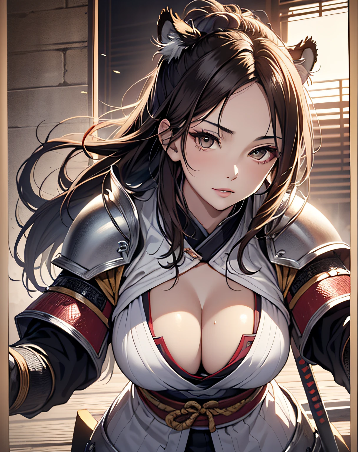 photo realistic, anime style, (8k, RAW photo, best quality, masterpiece:1.2), High detail RAW color photo, professional photograph, cowboy shot, (realistic, photo realistic:1.37),cinematic light, (finery detailed face:1.2), cowboy shot, thigh 1 girl, 18-28 years old, very cute, very beautiful, photo realistic, event companion, BREAK, white skin, real human skin, (detailed face), oval face, pores, ultra high res, BREAK, slim, (medium-large-breast:1.37, cleavage:1.37), (looking straight at viewer with a serene and goddess-like happiness:1.2), (lifter gloss, eyelashes, gloss-face, best quality, ultra highres, Broad lighting, natural shading), (beautiful thin long hair, pony-tail:1.3, brown hair), dynamic pose, fighting stance, BREAK, 1 woman, elegant beauty, radiant skin, (Maeda Keiji costume:1.3), (warring-states-era:1.4), solo, (eccentric-fashion:1.2), (tiger-pattern-accent:1.3) (samurai-armor:1.5), detailed traditional clothing, (style-sengoku:1.3), detailed face expression, (style-dynamic:0.8), standing pose, holding katana, determined expression, (background: battlefield), (style-battle-ready:0.9), historical atmosphere, armor details, detailed background, (style-wafuku:0.9), powerful aura,