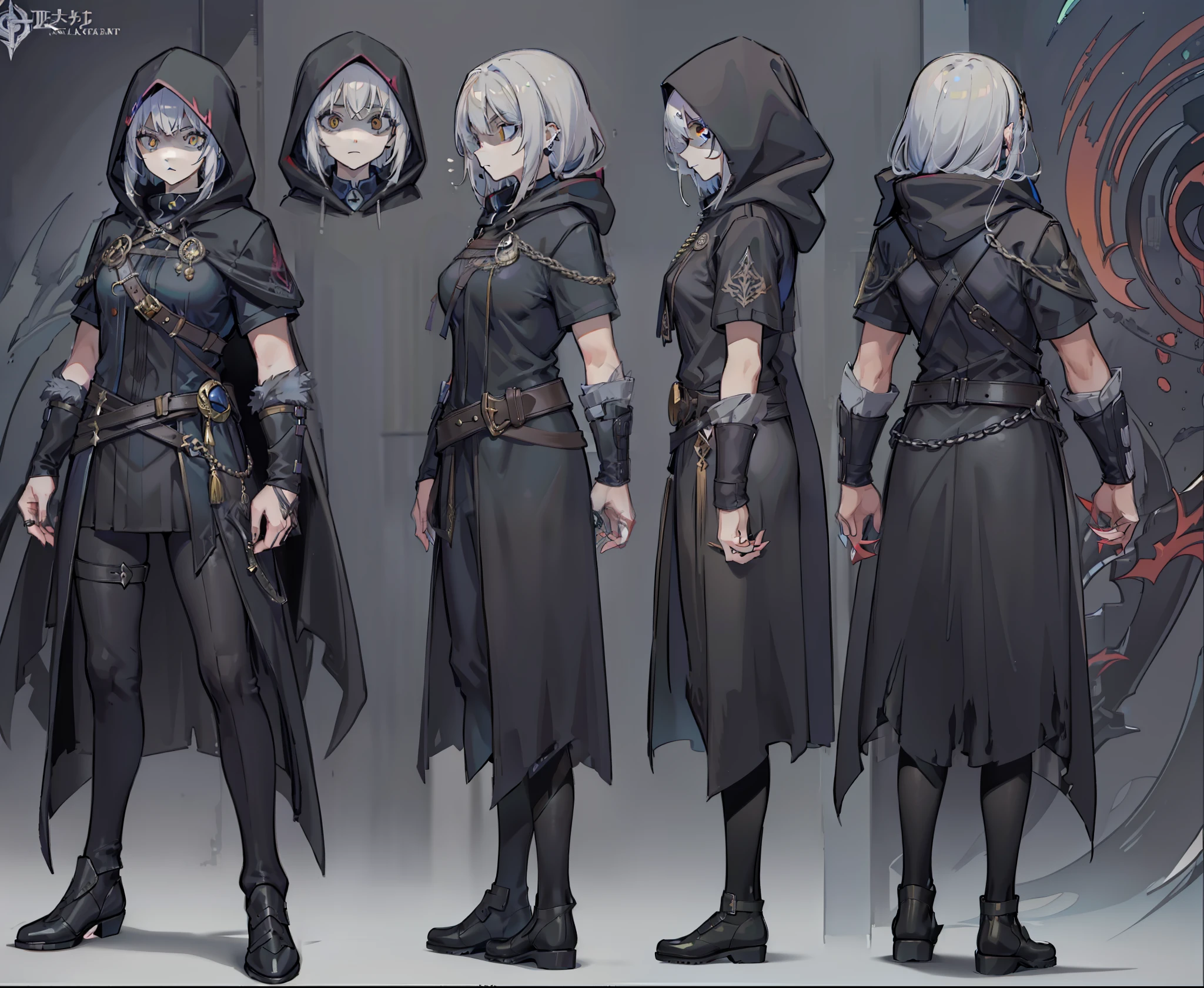 1woman, reference sheet, matching outfit, (fantasy character design, front, back, sides, left, right, up, down) Hooded, Female Hooded Figure. Cloaked in dark attire. Piercing yellow eyes radiating a predatory gaze. Swift and graceful movements, skilled as an assassin and mage. Serpent emblem adorns her cloak, indicating allegiance to the Serpent's Claw organization. (masterpiece:1.2), (best quality:1.3).