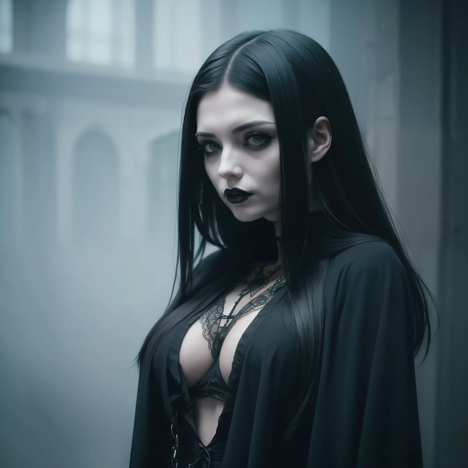 a close up of a person, full body, darkwave goth aesthetic, silent hill aesthetic, ominous gothic aesthetic, gothic horror vibes, gothic fog ambience, eerie spiritual grainy, gothic city streets behind her, classical witch, dark witch, gothic aesthetic, the witch queen, atmosphere of silent hill, witch, beautiful with eerie vibes, occult aesthetic