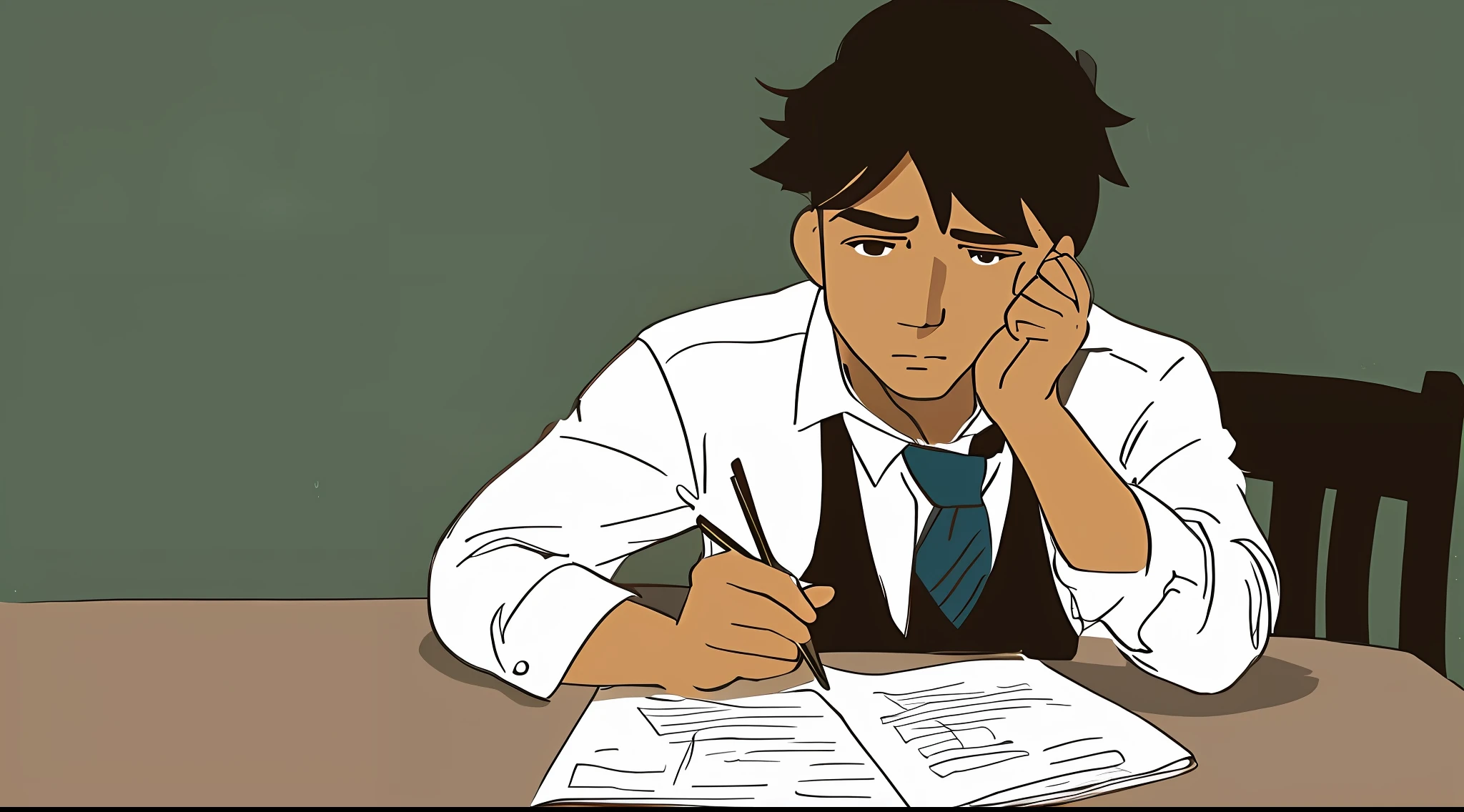 a cartoon of a man sitting at a table with a cup of coffee, An illustraion, um desenho animado, Serious cartoon, virados para os lados, imagem desenhada, preocupado, illustration!, homem triste, tentando estudar, cena complexa, bored expression, Seguro para o trabalho. illustration, [ esquecido ], serious business, imagem dos desenhos animados, animado ainda, sentado em uma mesa, parece triste e solene