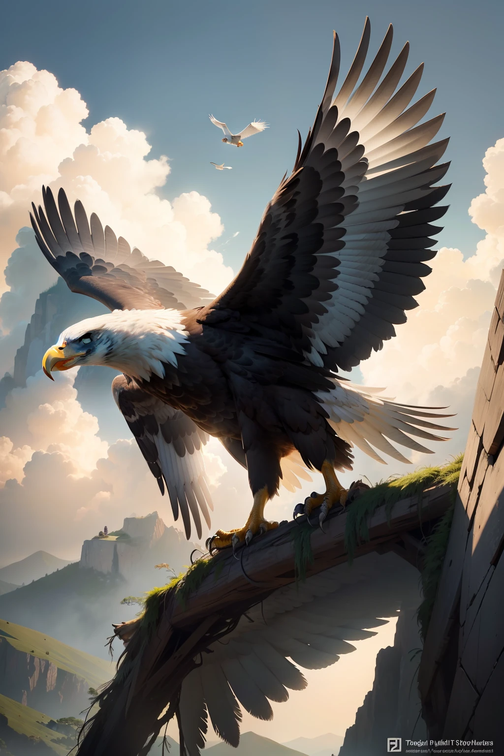 You are a(a) artista talentoso(a) especializado(a) em arte digital. Your mission is to create a realistic image of a majestic eagle in its natural habitat. The eagle must be in full flight, com as asas abertas e suas penas detalhadas, conveying a sense of strength and power. The environment around the eagle should represent a mountainous landscape, with dramatic clouds in the sky and lush vegetation on the ground. The eagle should be looking directly at the viewer, with his eyes expressing his determination and vigilance. Your image should be so realistic that observers feel involved in the scene and can even hear the sound of the wind flapping on the eagle's wings. Use your artistic skills to create a breathtaking image and capture all the beauty and majesty of this magnificent bird