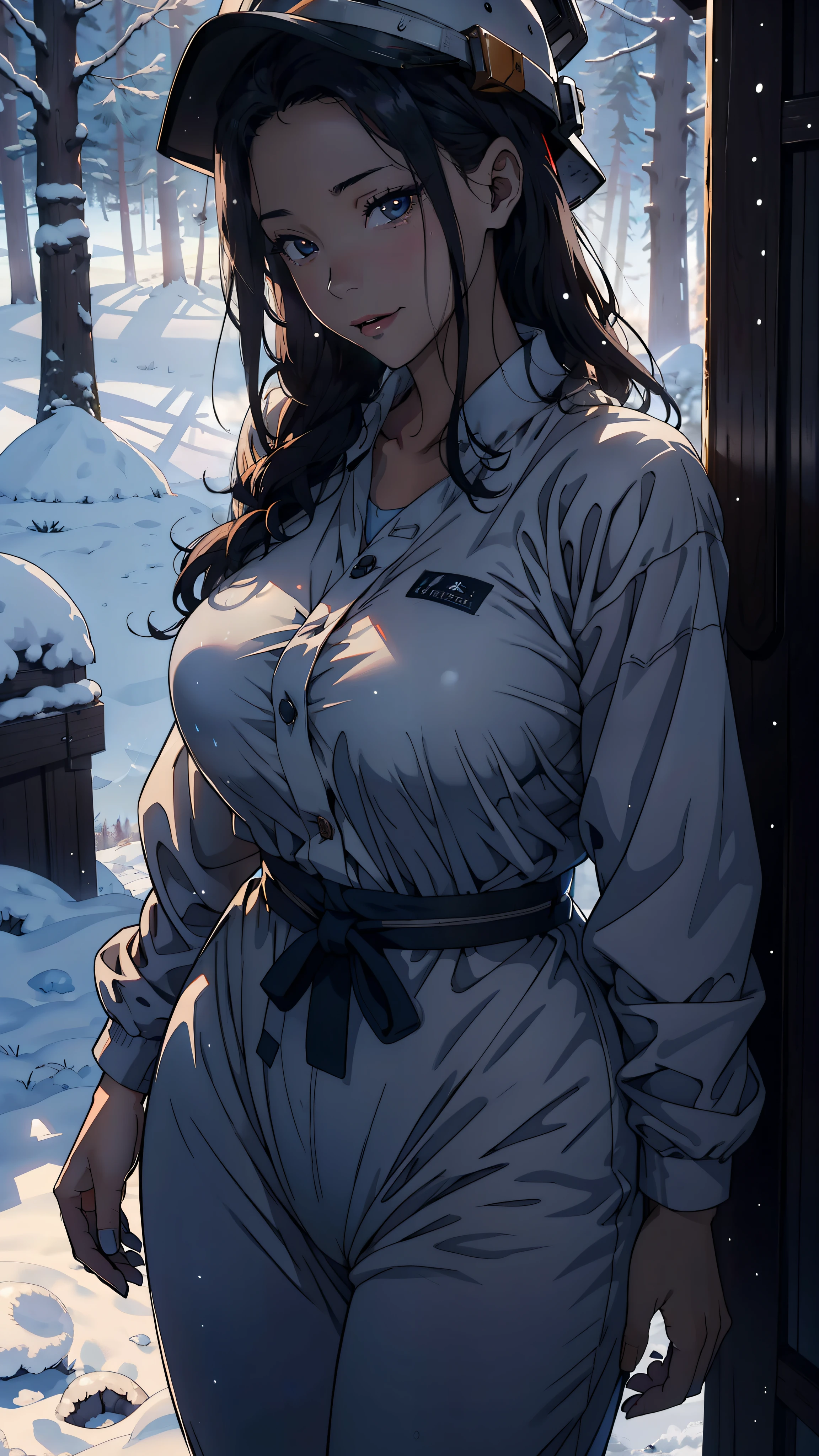 1female,25 age old,Large breasts,Pornographic exposure, 独奏,(Background with:coniferous forest,at winter season,Snow on the ground) with his long black hair, standing on your feet,Sweat profusely,drenched all over the body,seen from the front, curlies, mostly cloudy sky,(((tmasterpiece),(Very detailed CG unity 8K wallpaper),best qualtiy,cinmatic lighting,detailed back ground,beatiful detailed eyes,Bright pupils,(Very fine and beautiful),(Beautiful and detailed eye description),ultra - detailed,tmasterpiece,)),facing at camera,A high resolution,ultra - detailed),Construction workers,wearing work clothes,Wear a hard hat,winter clothes,revealing breasts,Bare genitalia,Pussy bulge,Camel toes,Raised sexy,Flushed complexion,Open-mouthed,Smile,frontage