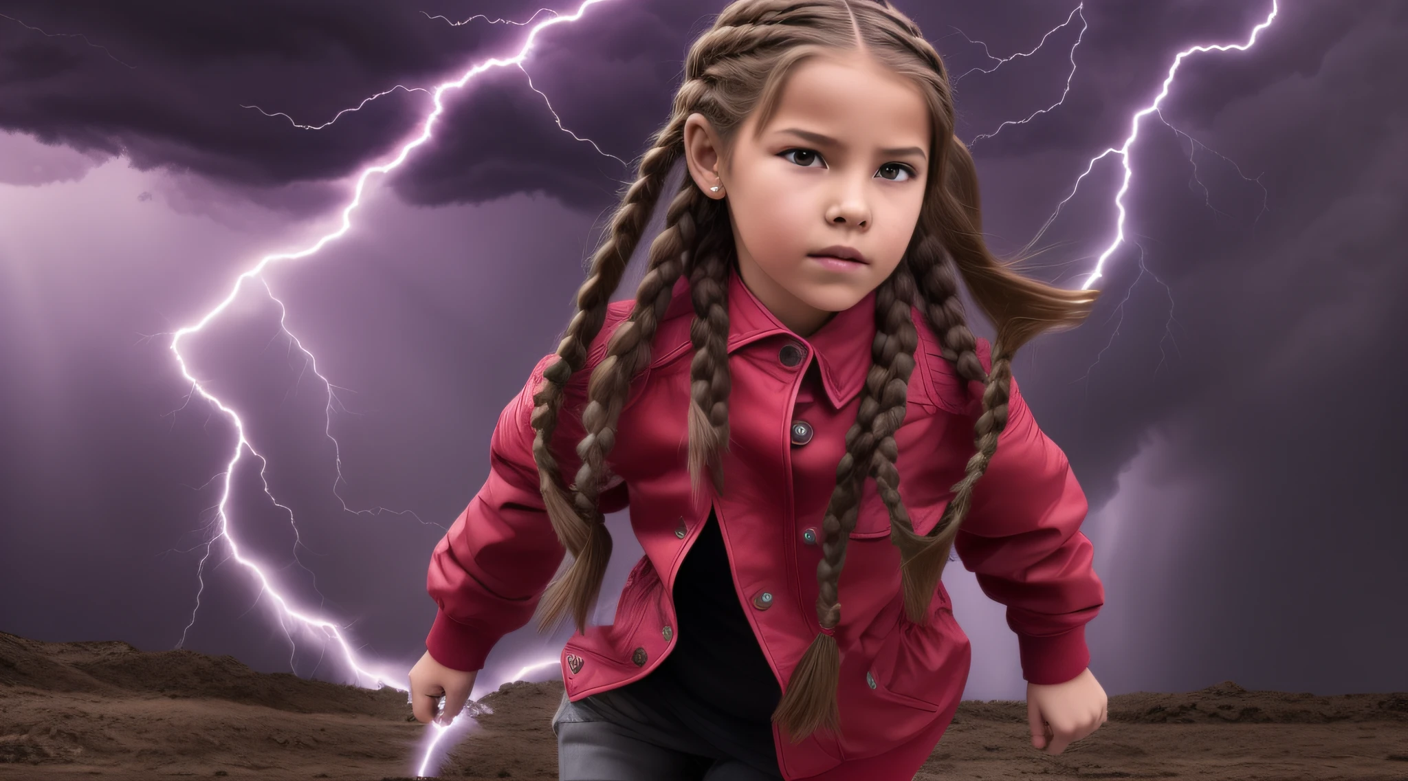 Girl child , Russian ruivas in braids, com roupa de jaqueta de couro vermelha, fundo storm, ride into the storm, thunderbolt.