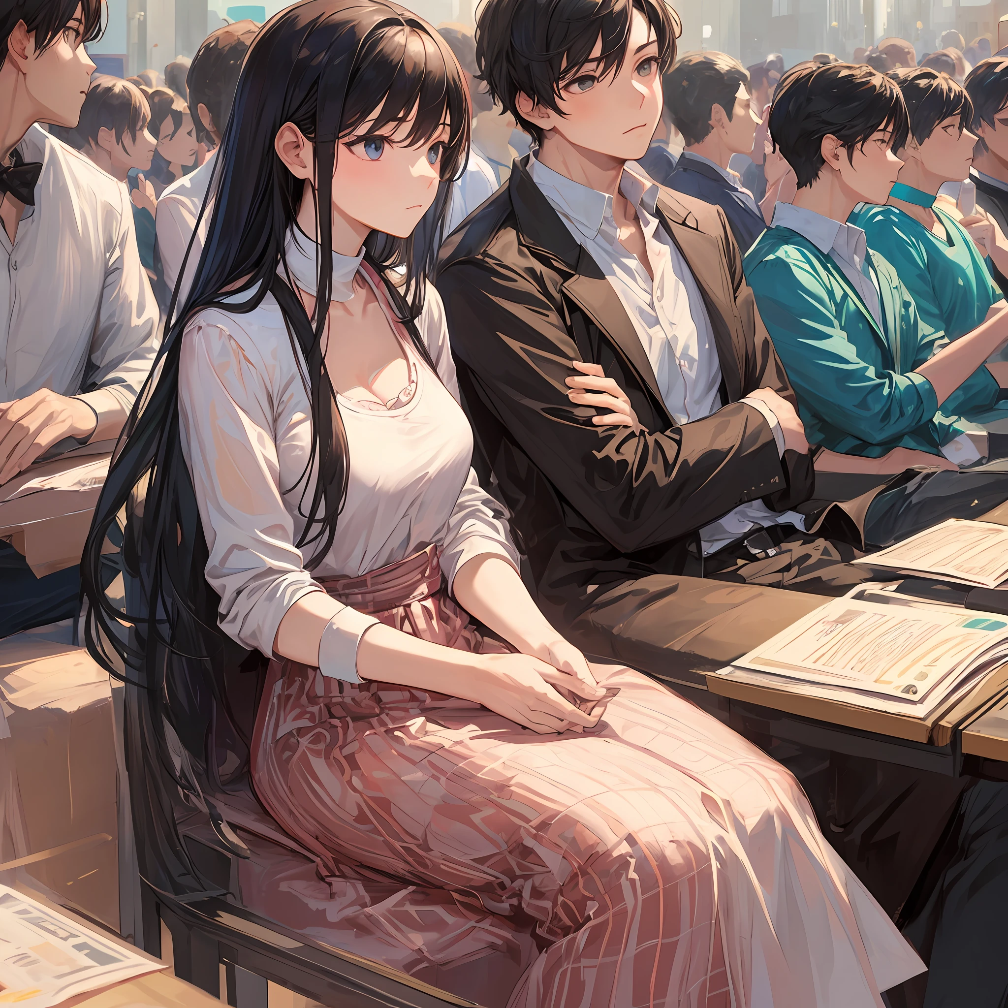 a boy seating silently  beside his beautiful girlfriend in crowd  of many people, realistic masterpiece --auto --s2