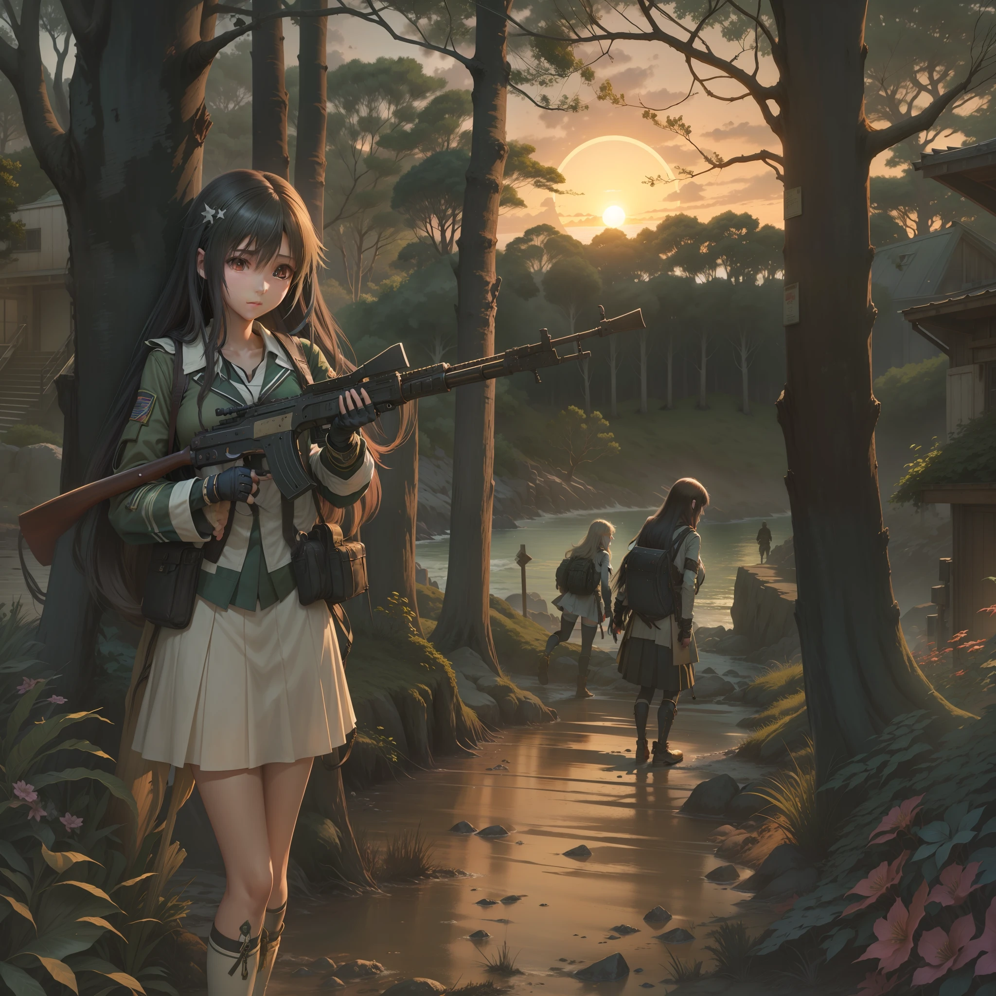s girl,Army,eventide,rifles,the trees,废墟,Mare,the setting sun,Mare,Mare,the ocean