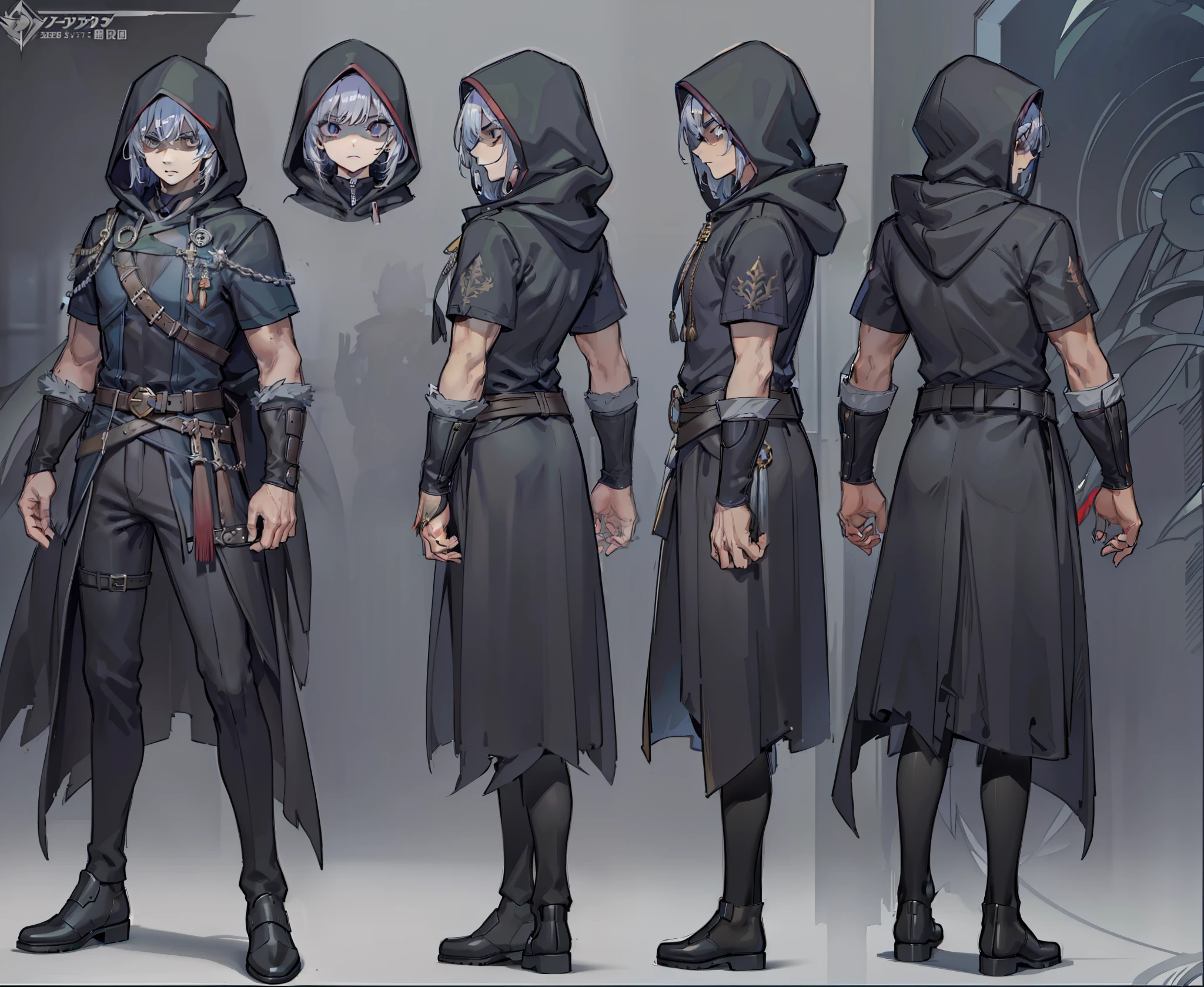 1man, reference sheet, matching outfit, (fantasy character design, front, back, sides, left, right, up, down) Mysterious Male Assassin. Clad in dark, hooded robes, concealing his true appearance. Graceful and silent movements, displaying the skills of a seasoned assassin. Eyes gleaming with a dangerous glint, hinting at a cold and calculating nature. (masterpiece:1.2), (best quality:1.3).