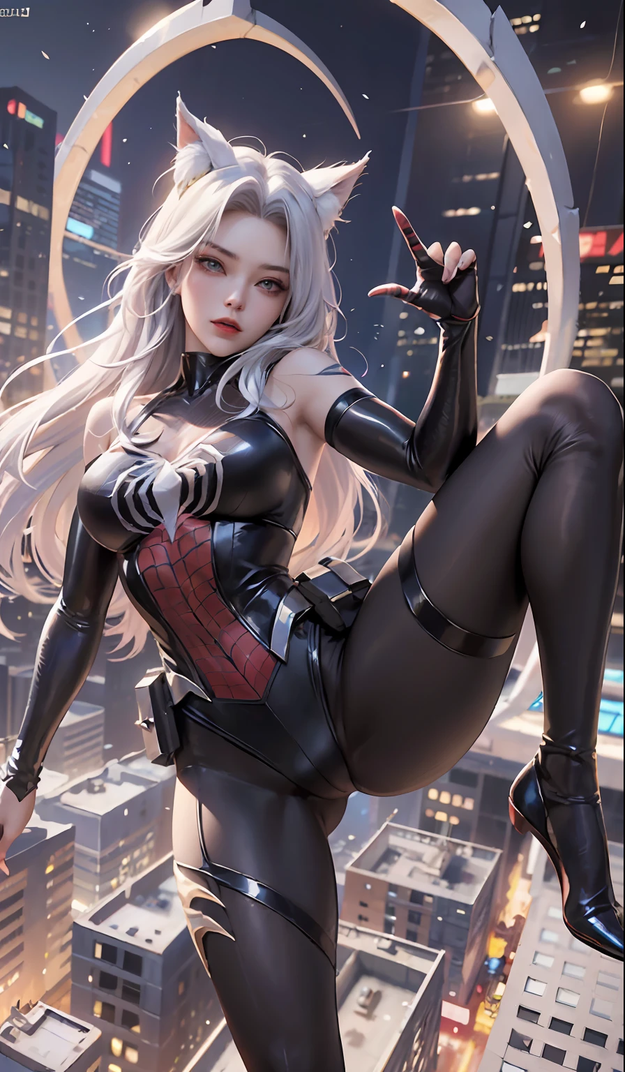 （tmasterpiece，4K分辨率，Ultra photo realsisim，The is very detailed），（Chinese superhero theme，Glamorous，there's a girl on top of town，wearing Spider-Man costume，Oversized breasts，she is a superhero），[（（25 age old），（Long hair black：1.2），full bodyesbian，（eBlue eyes：1.2），（（Spider-Man pose），Show power，jump from one building to another），（（sandy urban environment）：0.8）|（view over city，the night，dynamic lights），（moon full））] # illustrated：The Prompt mainly describes a 4K painting of ultra-high definition，Very realistic，The is very detailed。It showcases superheroines at the top of the city，wearing Spider-Man costume。The subject in the painting is a white superhero theme，The heroine has long white hair，He is 25 years old，The entire figure is shown in the painting。In terms of depicting the actions of superheroines，Spiders were used