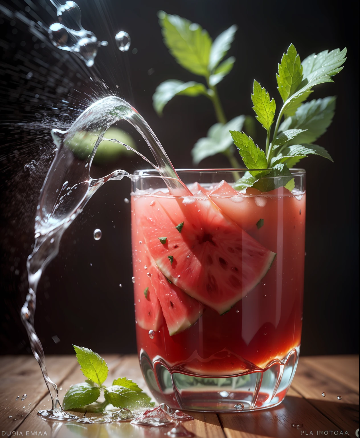 sem fundo, splashes of water in a glass of watermelon juice, ginger and mint leaves, fotorrealista, fotorrealismo, amazing food photography, fotografia de comida 4k, fotografia de comida 4k, fotografia de alta velocidade, slow-motion, fotografia de ultra alta velocidade, fotografia de comida