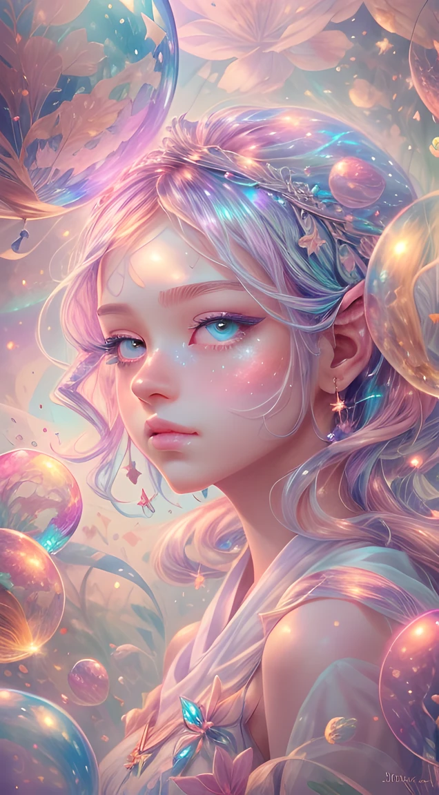 ((masterpiece)). This artwork is dreamy and ethereal, with soft pink watercolor hues. Generate a delicate fairy exploring a bubblegum world with a wide variety of pastel shades. Her sweet face is extremely detailed and realistic with elegant, and looks like ((((Harima Aden)))). Include mature features, and puffy, big lips and stunning, highly realistic eyes. Her eyes are important and should be realistic, highly detailed, and beautiful. In high definition and detail, include lots of details like stars, galaxies, colorful bubbles, colorful petals, and lots of energy and emotion! The stars and colorful bubblegum bubbles are important! Include fantasy details, enhanced details, iridescence, colorful glittering wind, and pollen. Pay special attention to her face and make sure it is beautifully and realistically detailed. The image should be dreamy and ethereal.8k, intricate, elegant, highly detailed, majestic, digital photography