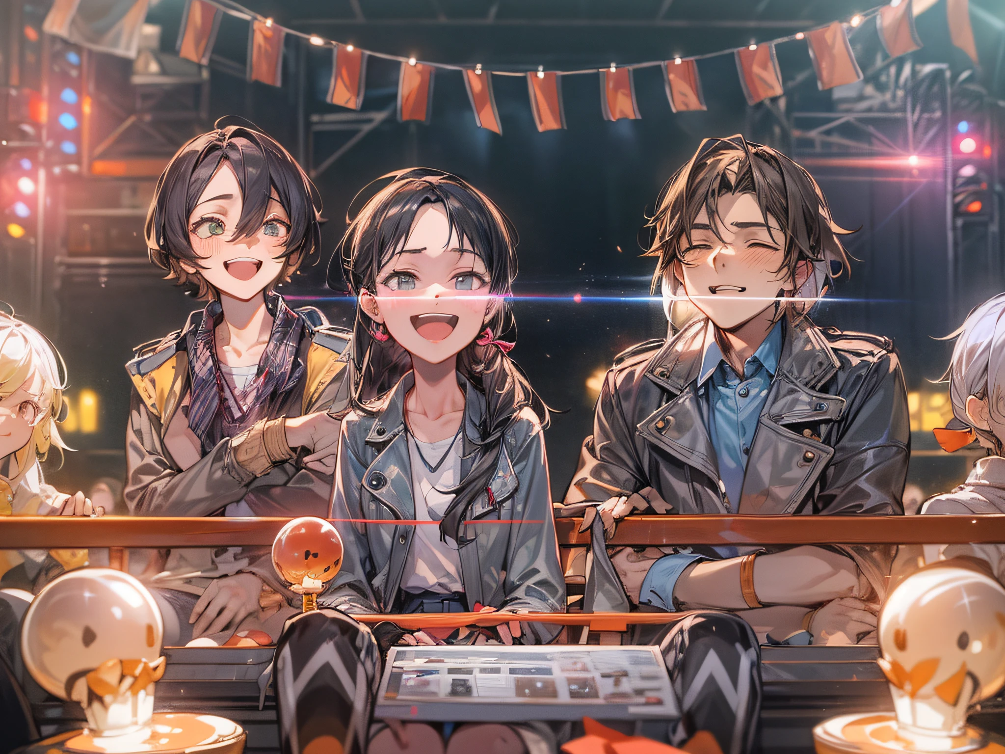 Masterpiece，HighestQuali，2 men and 2 women，Sit in front of the crowd，Excited expression，Concert scene，light stick，Auxiliary lights，Sit on a bench in front of the crowd