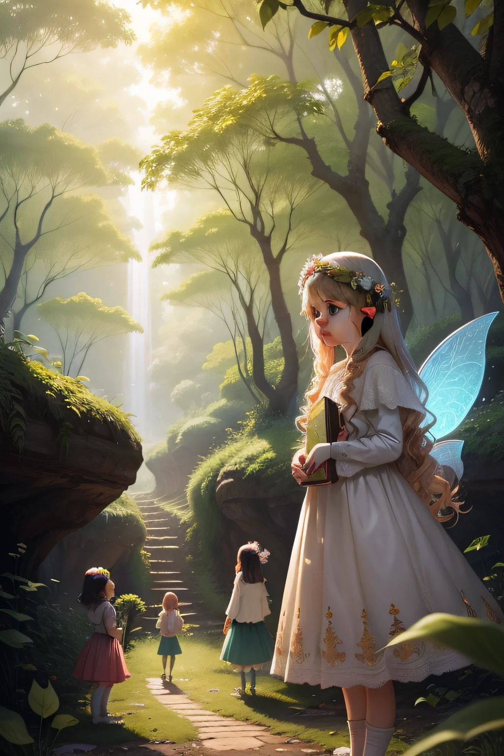 a group of children, livro infantil, 6 anos, fundo em uma floresta fechada e com muitos detalhes, A mystical fairy