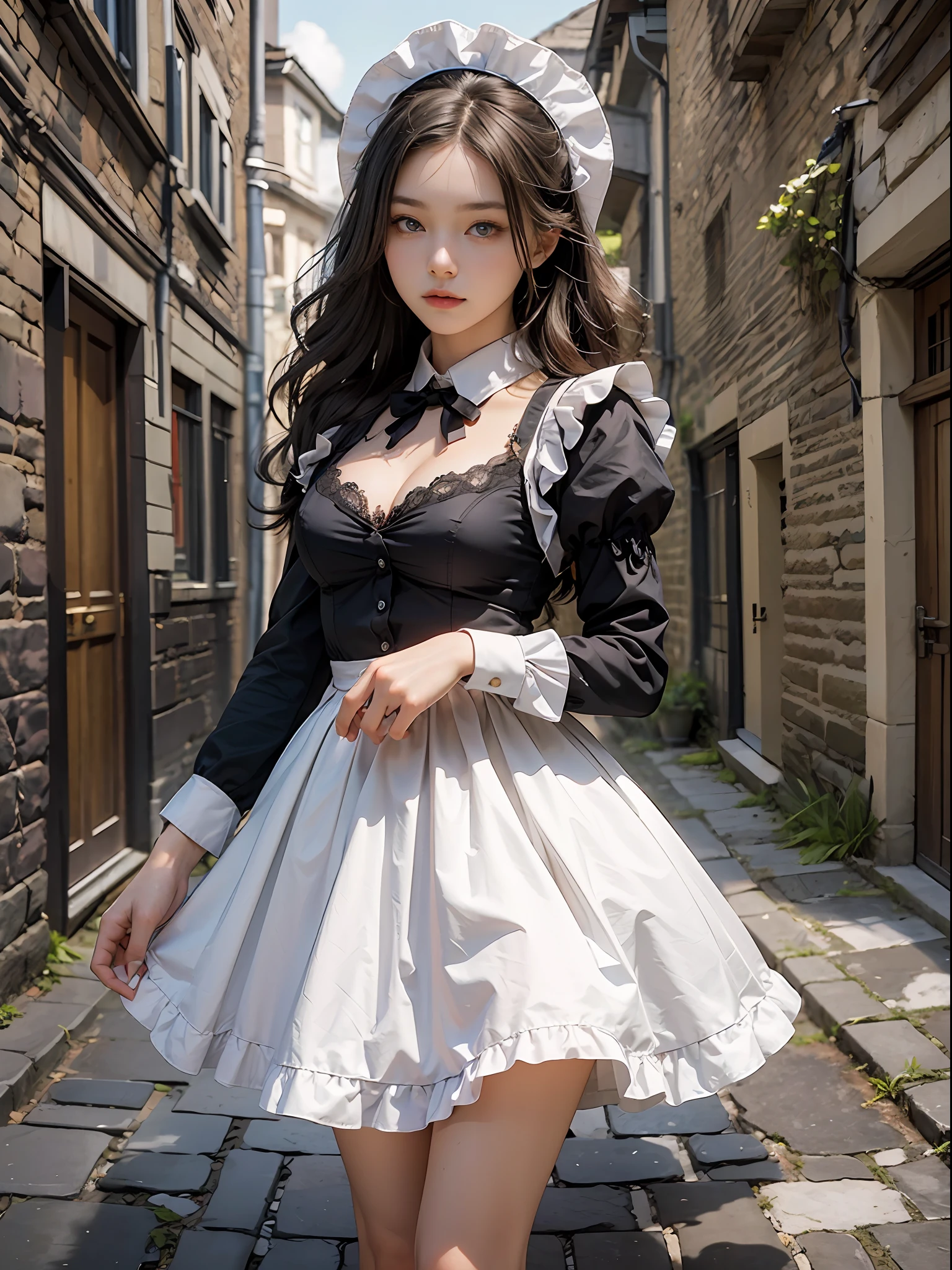 8K, Super high resolution, Highest quality, Masterpiece, Super realistic, Photo, 1 girl, (16 years old: 1.3), Pretty girl, Cute face, Beautiful details, (Maid clothes: 1.5), (Medium big breasts: 1.2), ((shining eyes)) in the basements,Stone walls, cobblestones,