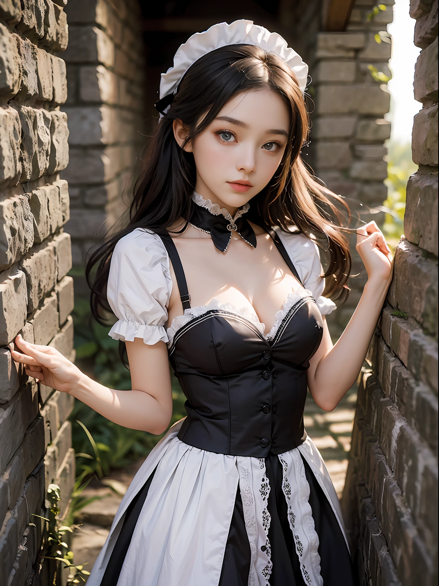 8K, Super high resolution, Highest quality, Masterpiece, Super realistic, Photo, 1 girl, (: 1.3), Pretty girl, Cute face, Beautiful details, (Maid clothes: 1.5), (Medium big breasts: 1.2), ((shining eyes)) in the basements,Stone walls, cobblestones,