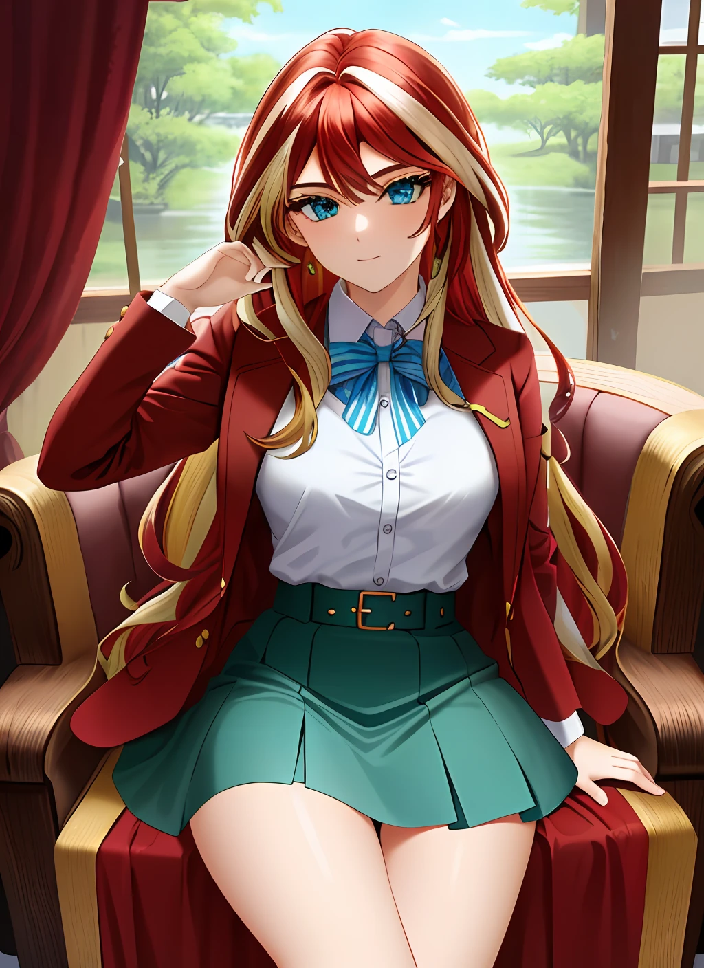 ((best quality)), ((highly detailed)), masterpiece, (detailed eyes, deep eyes), (1girl), cowboy shot, SunsetHuman, (multicolored hair, (two-tone hair:1.1), red and blonde hair), BREAK, aqua eyes, skirt suit, high heels