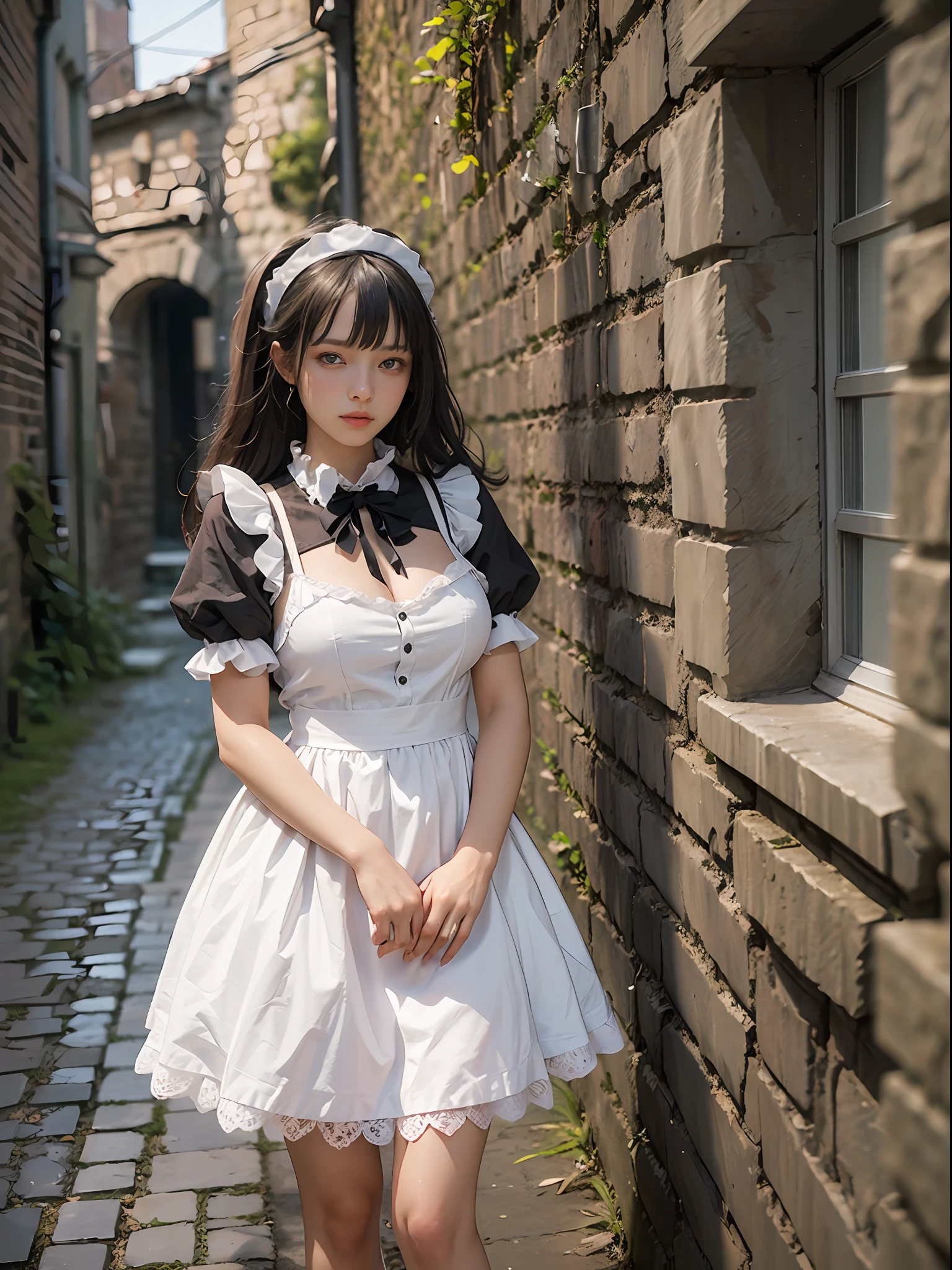 8K, Super high resolution, Highest quality, Masterpiece, Super realistic, Photo, 1 girl, (: 1.3), Pretty girl, Cute face, Beautiful details, (Maid clothes: 1.5), (Medium big breasts: 1.2), ((shining eyes)) in the basements,Stone walls, cobblestones,