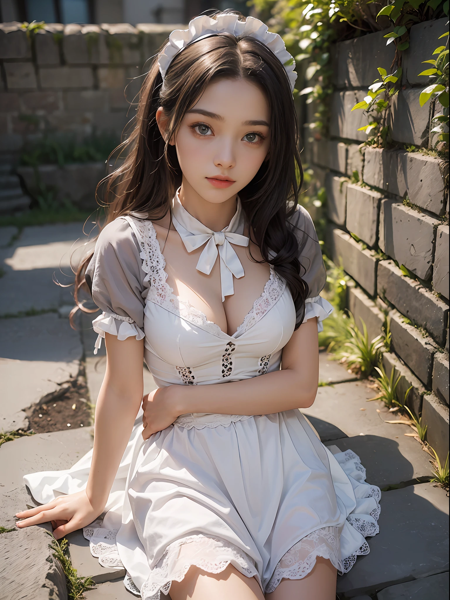 8K, Super high resolution, Highest quality, Masterpiece, Super realistic, Photo, 1 girl, (: 1.3), Pretty girl, Cute face, Beautiful details, (Maid clothes: 1.5), (Medium big breasts: 1.2), ((shining eyes)) in the basements,Stone walls, cobblestones,