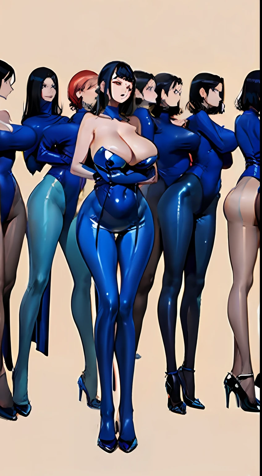 full bodyesbian，Nine women，Stand in a row，One-piece tights，Conjoinment，Blue latex set，Standing on the ground，huge tit，Slim，long leges，Stand up straight，nothing background，Slim，extra long leg，Insert the lower body，Exhibited，Mannequin，