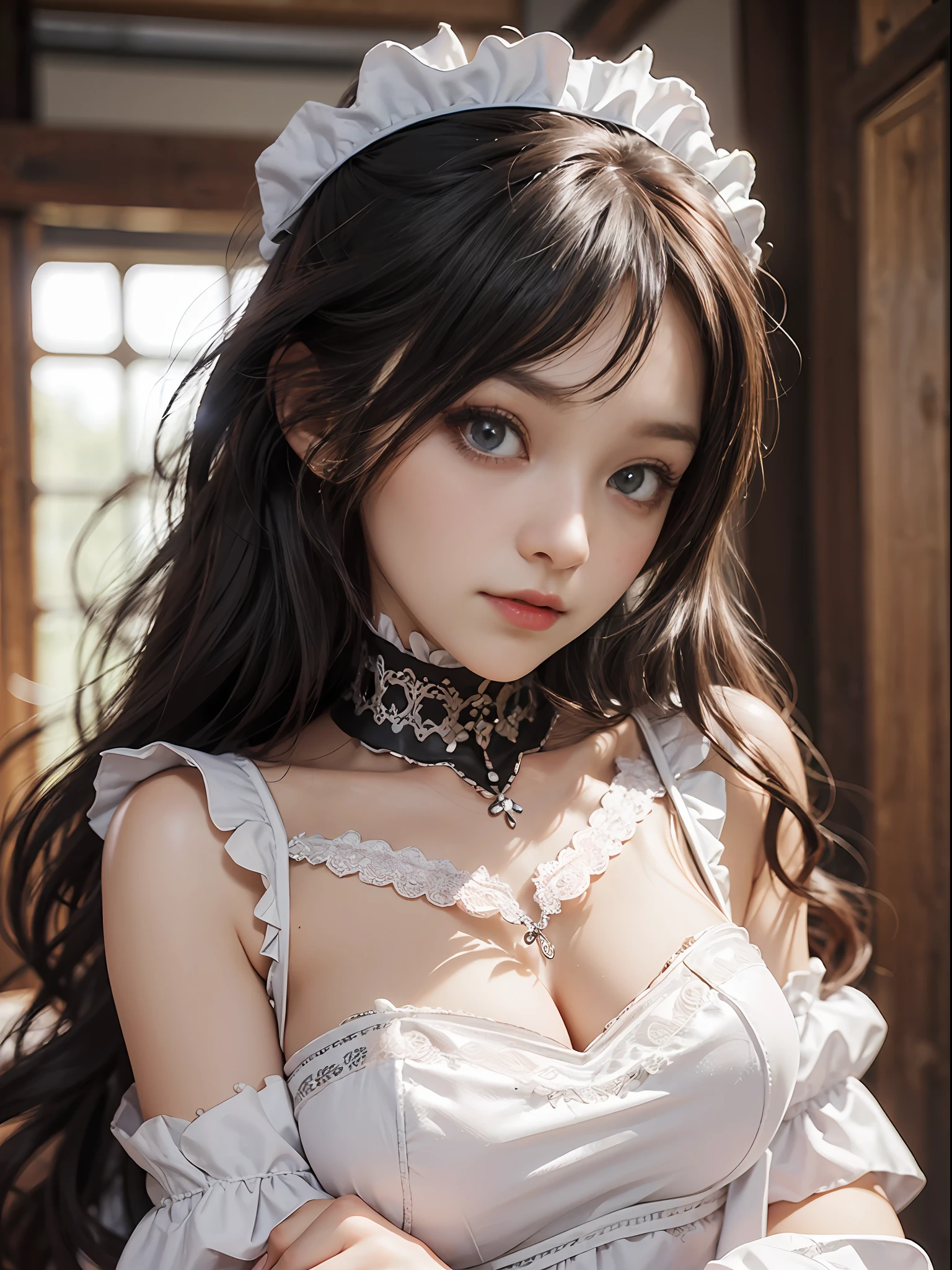 8K, super high resolution, highest quality, masterpiece, ultra-realistic, photography, 1 girl, (age 16:1.3), cute girl, cute face, beautiful details, beautiful details, (maid outfit:1.5), ( Medium big breasts: 1.2), ((shining eyes)),at Dungeon