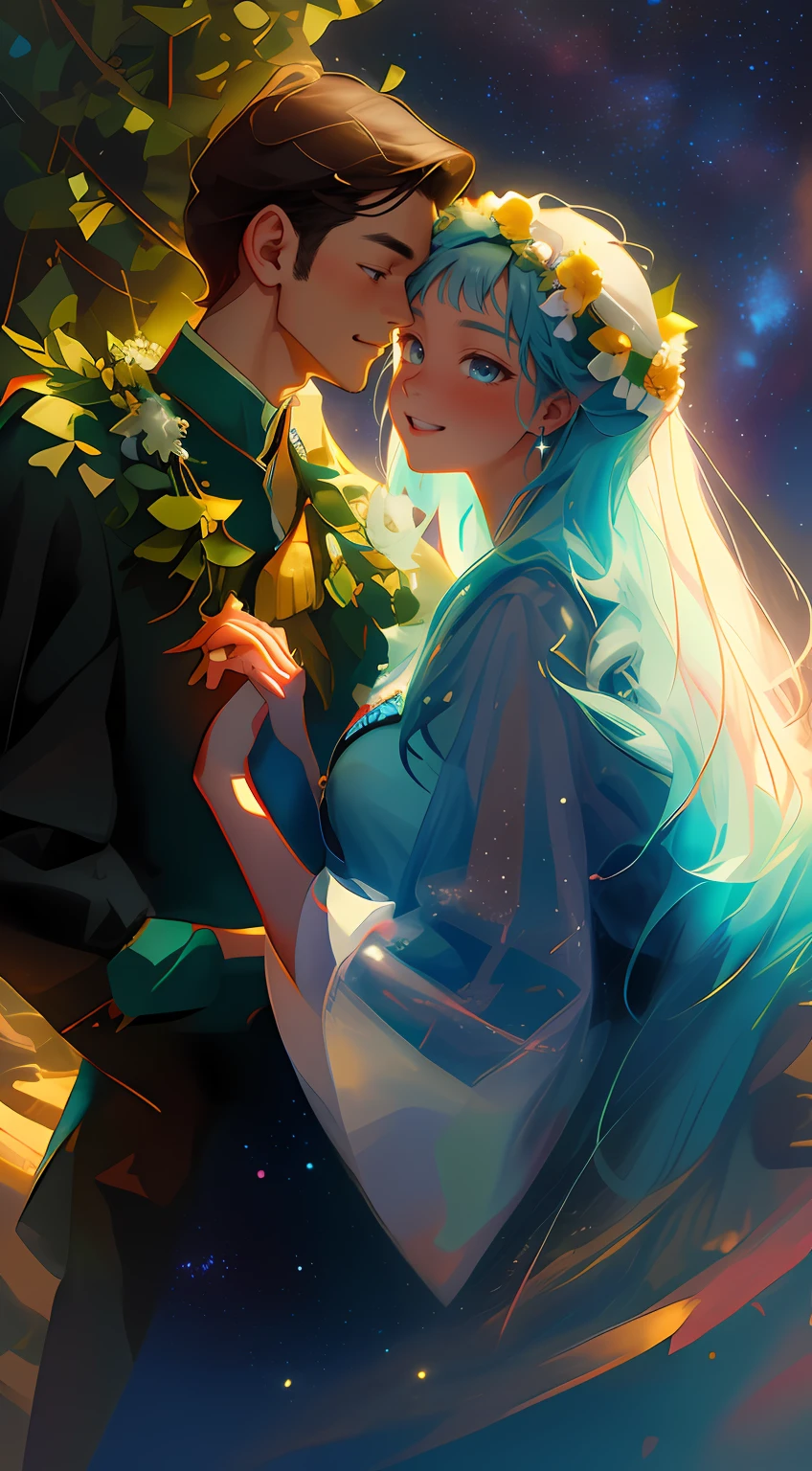 tmasterpiece,  hiquality,  Guy and girl holding hands, Ukrainian symbols, Ukrainian national costumes, Boho style,In transparent,   neon garland, night time, neon lights, romance, happiness, Love,Lovers, holiday, Plants, a starry sky, galaxy, Magic reigns around them, Magic, Flowers, fern, Beautiful sunset, merriment, Floral arrangements,  wreaths of flowers on the head, woods, Flower glade, willow, willow, willow, 8K, Colorful, full color drawing,