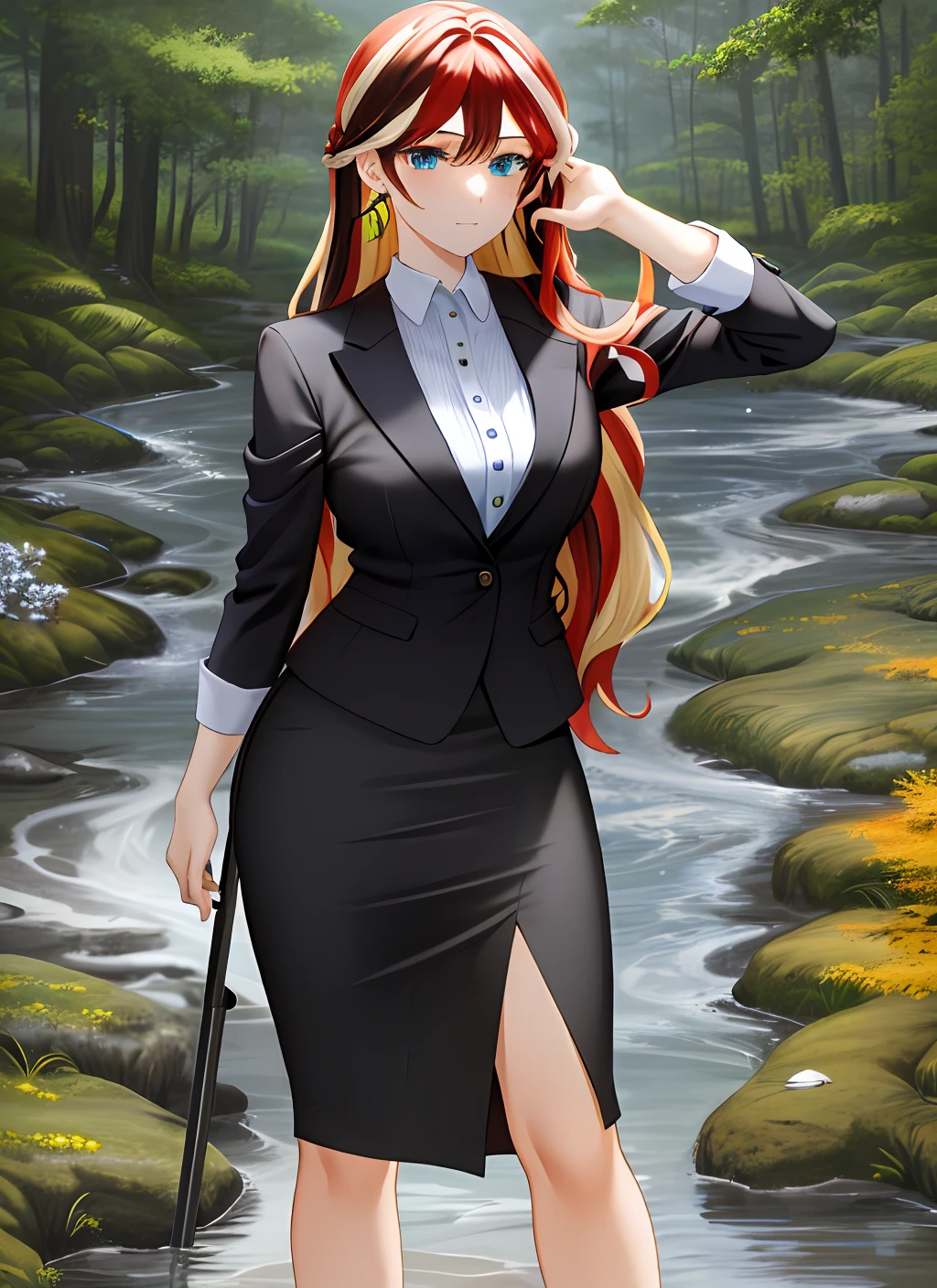 ((best quality)), ((highly detailed)), masterpiece, (detailed eyes, deep eyes), (1girl), cowboy shot, SunsetHuman, (multicolored hair, (two-tone hair:1.1), red and blonde hair), BREAK, aqua eyes, skirt suit, pencil skirt, tight skirt, high heels, full body
