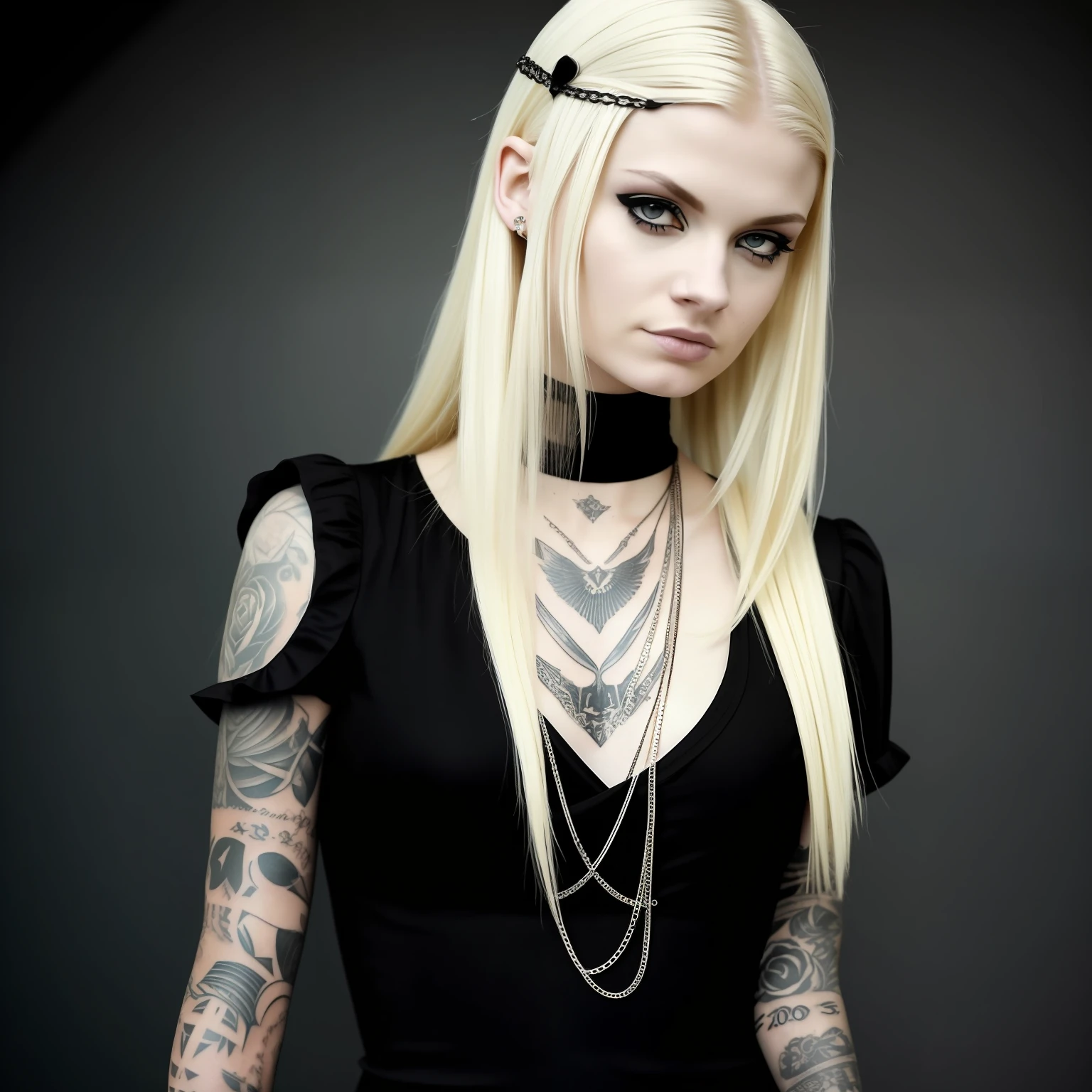 a blond woman with tattoos on her arm and a black dress, taken in the late 2000s, pale goth beauty, taken in the mid 2000s, taken in the 2000s, 1 7 - year - old goth girl, leaked photo, with pale skin, yelena belova, she looks like a mix of grimes