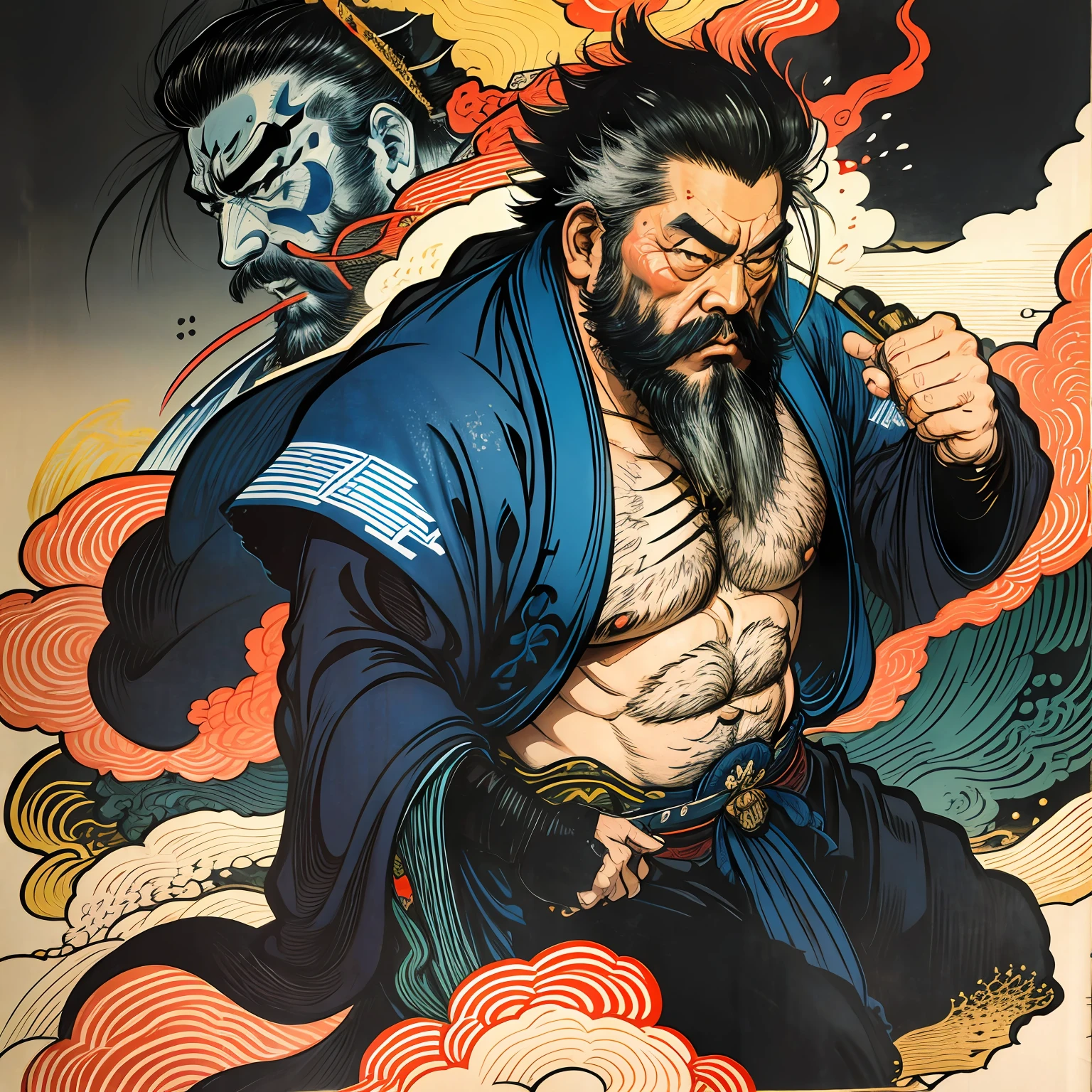 It is a full-body painting with natural colors with Katsushika Hokusai-style line drawings. The swordsman Miyamoto Musashi has a big body like a strongman. Samurai of Japan. He has a dignified yet manly expression of determination, short black hair, and a short, trimmed beard. His upper body is covered in a black kimono and his hakama is knee-long. In his right hand he holds a Japan sword. In the highest quality, in the high-resolution ukiyo-e style lightning and swirling flames of the masterpiece. Miyamoto Musashi stands with his face and body facing forward, his back straight.