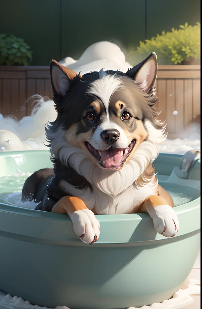 Dogs happily playing in the foam while bathing，The brush slowly combed its hair。