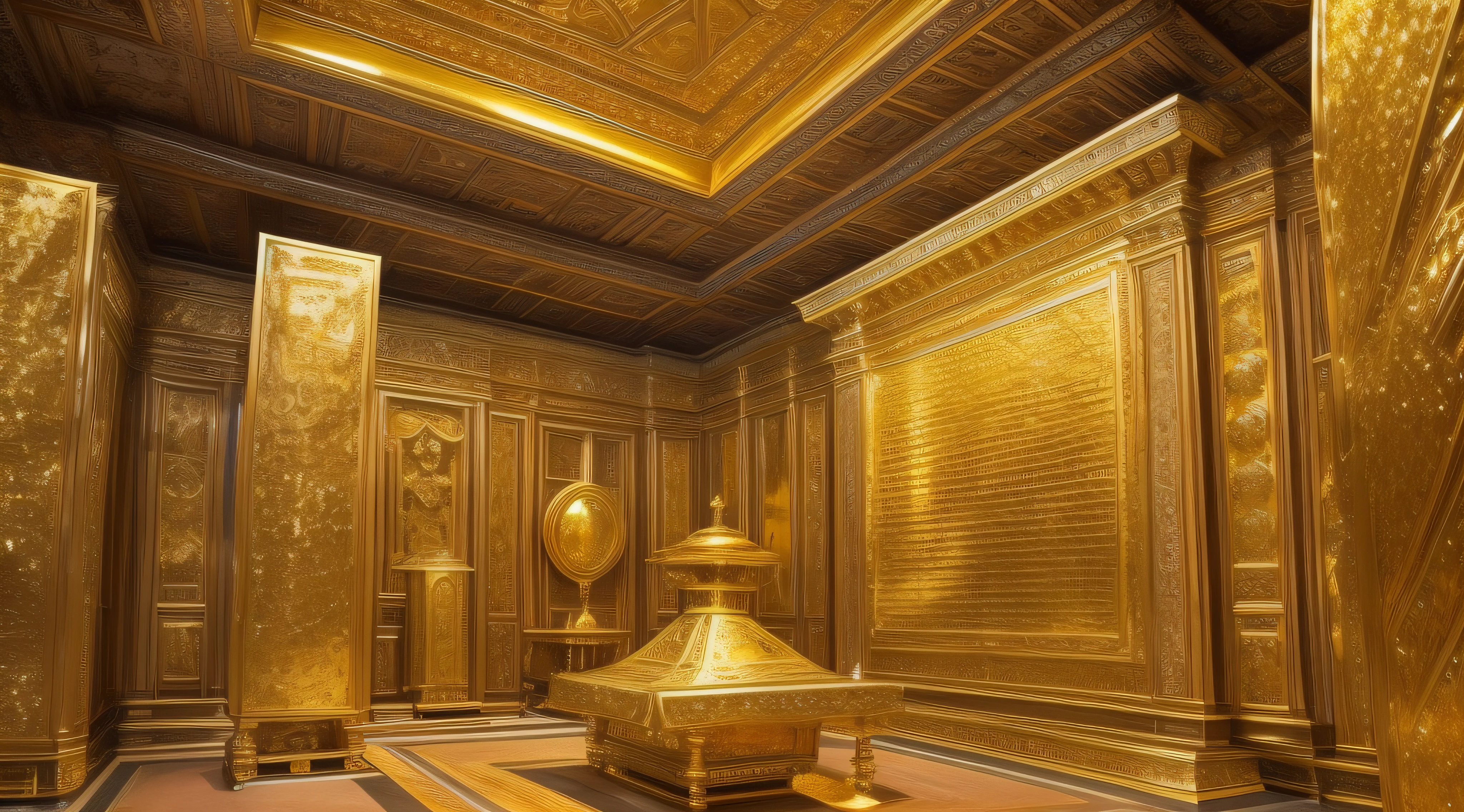 ancient room full of  avast amount of glittering gold during the ancient biblical era
