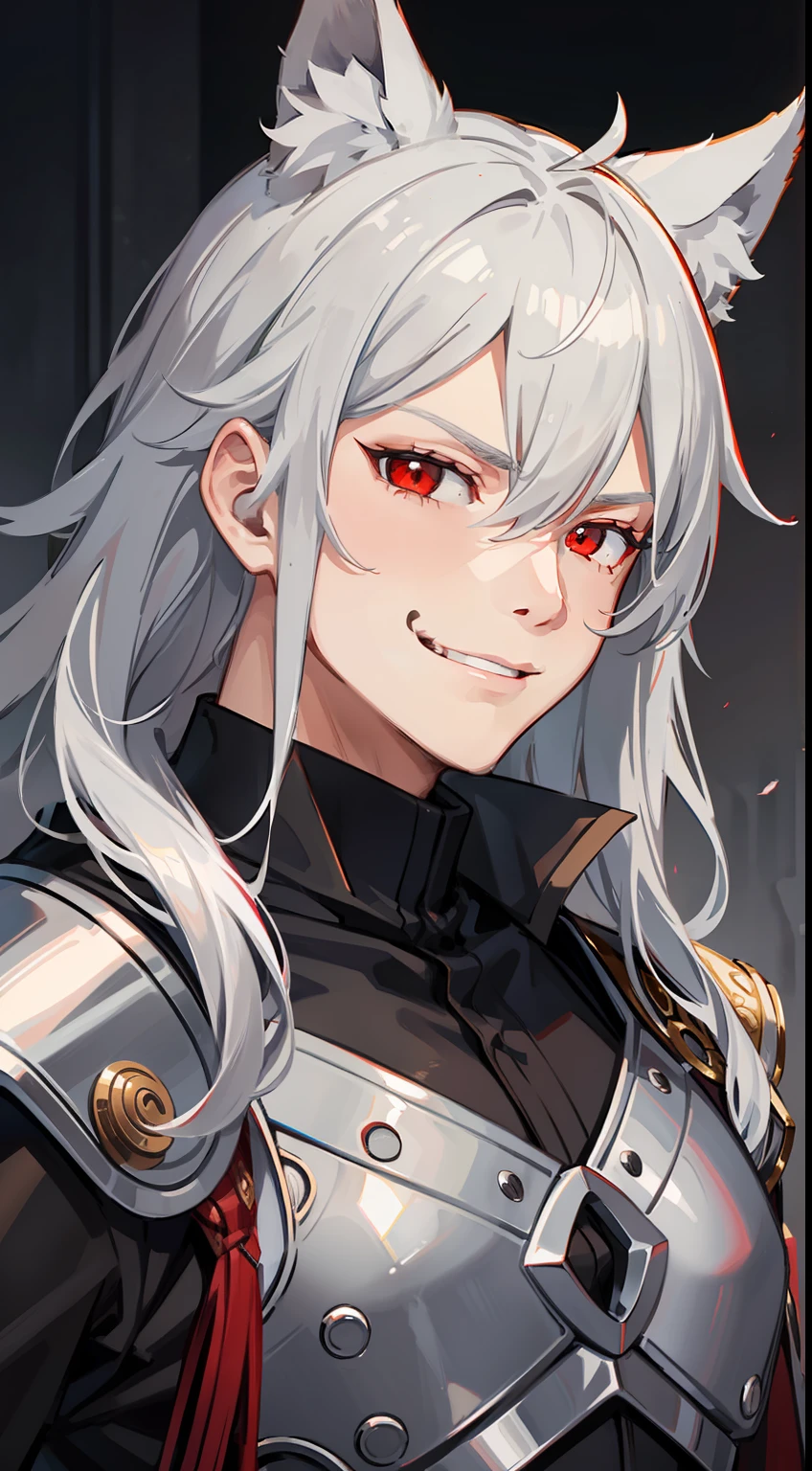 Young guy, long gray hair, red-eyes, brawn, wolf ears, leather armour, smirk, Masterpiece, hiquality