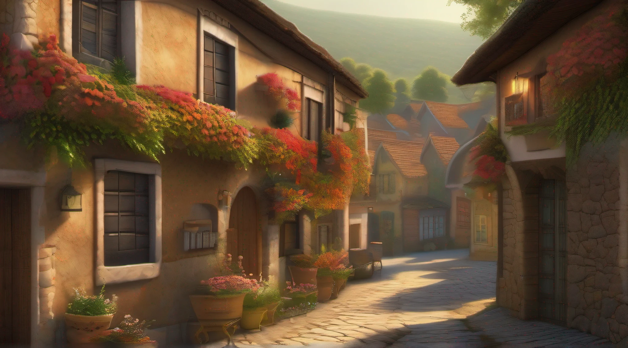 "A serene and picturesque village, where stories unfold. A peaceful and enchanting atmosphere, with vintage charm. Quaint cottages, cobblestone streets, and blooming flowers. (Include elements like: villagers, daily activities, traditional customs, festivals). Immersive colors and soft lighting bring warmth and nostalgia. Capture the essence of community and the joy of simple pleasures. Transport us to a world of tranquility and delightful tales."