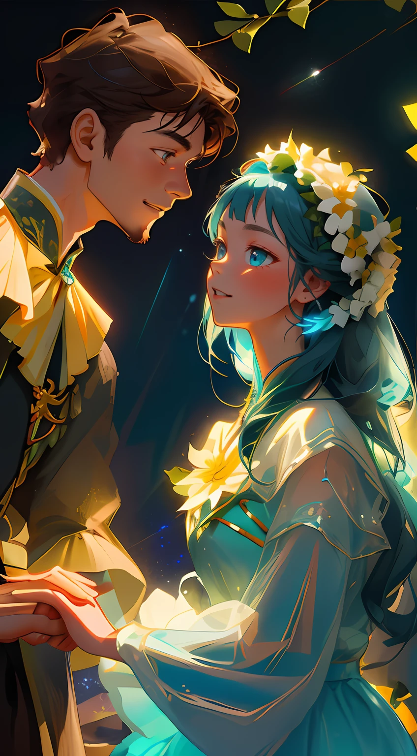 tmasterpiece,  hiquality,  Guy and girl holding hands, Ukrainian symbols, Ukrainian national costumes, Boho style,In transparent,   neon garland, night time, neon lights, romance, happiness, Love,Lovers, holiday, Plants, a starry sky, galaxy, Magic reigns around them, Magic, Flowers, fern, Beautiful sunset, merriment, Floral arrangements,  wreaths of flowers on the head, woods, Flower glade, willow, willow, willow, 8K, Colorful, full color drawing,