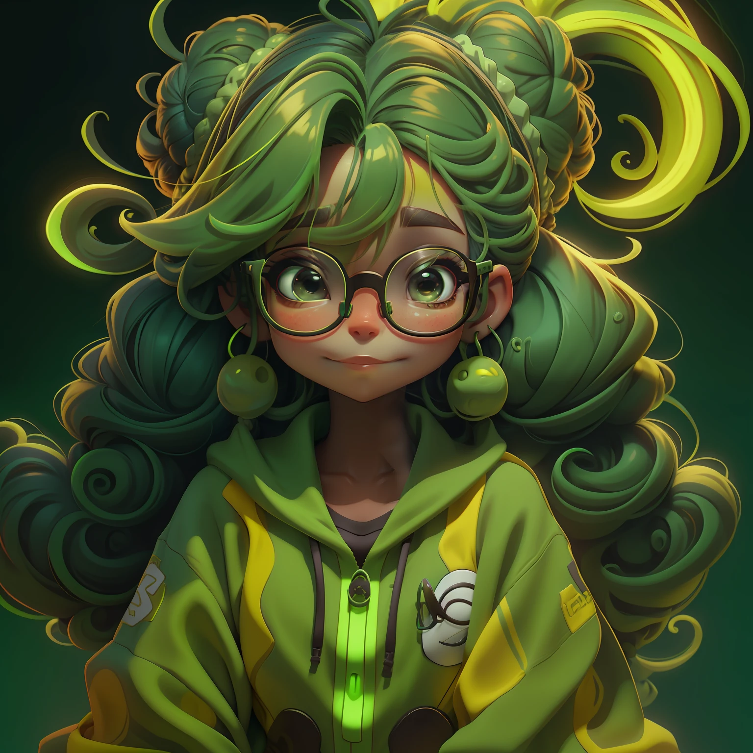 menina lama, (lama), Slime cabelo bun estilo de cabelo, vermelho e verde melancia, roupas rave neon, Eyeglasses, master part, best quality