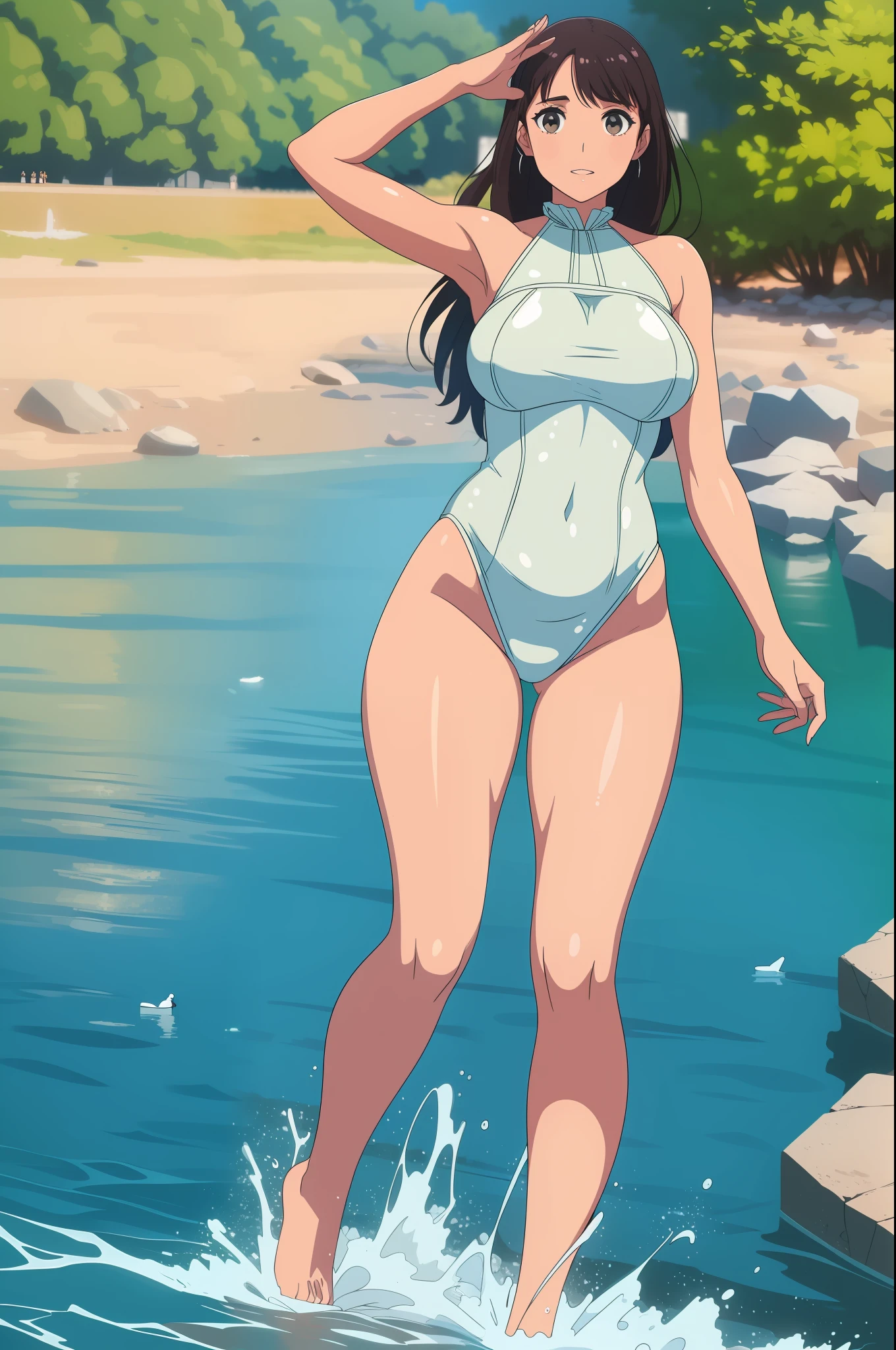 A very beautiful young woman stands in the water of a river and shouts with joy with her hands raised... (Good Composition) (obra de arte) (Arte expresivo). (((Pechos masivos gigantes)))